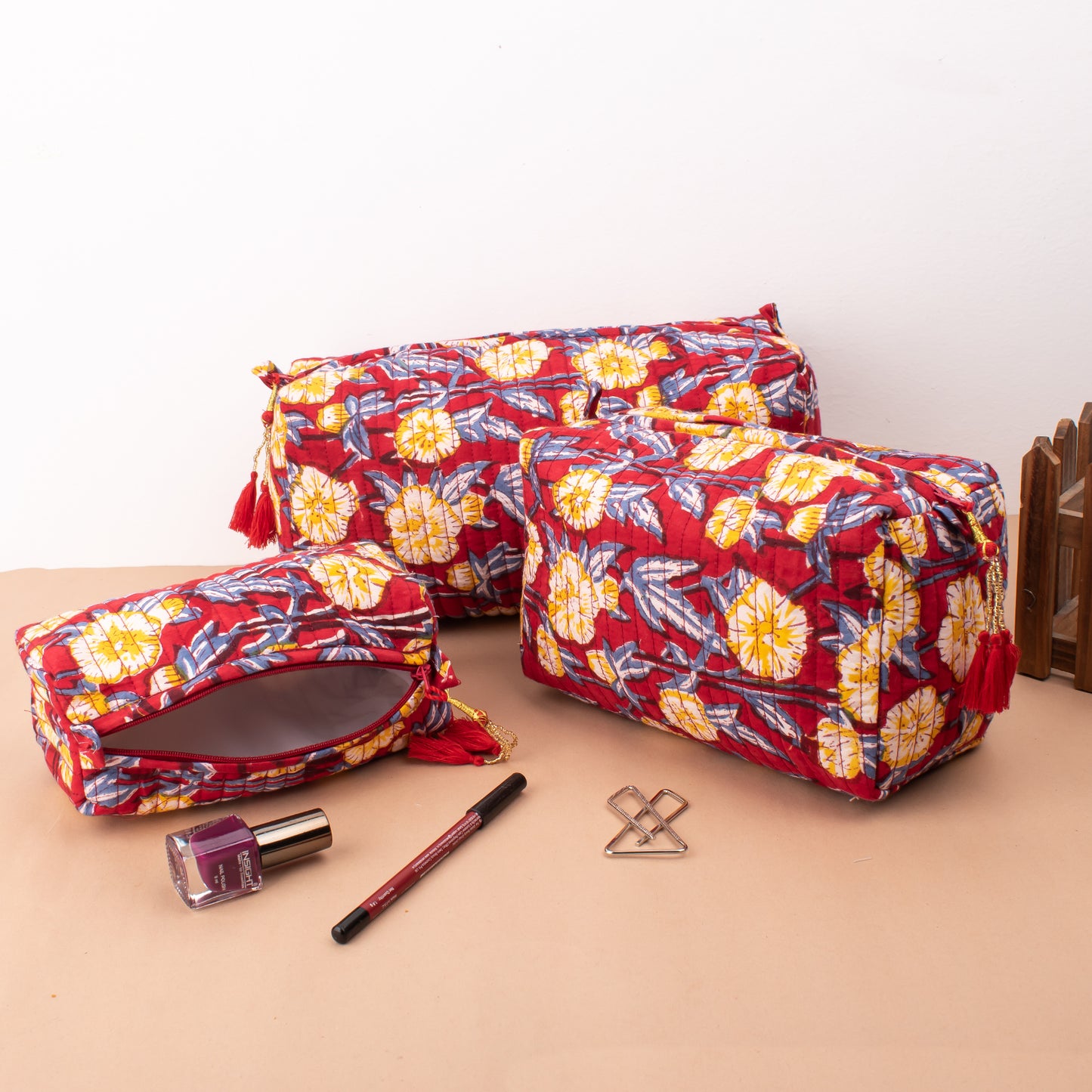 Handmade Floral Print Cosmetic Bags & Organizer, Vanity Case - Set of 3