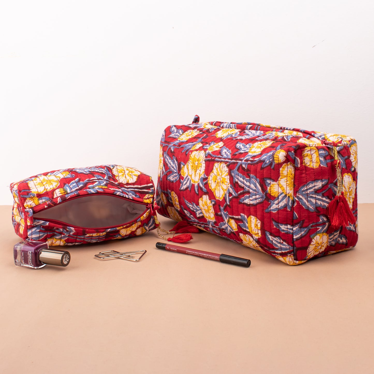 Handmade Floral Print Cosmetic Bags & Organizer, Vanity Case - Set of 3