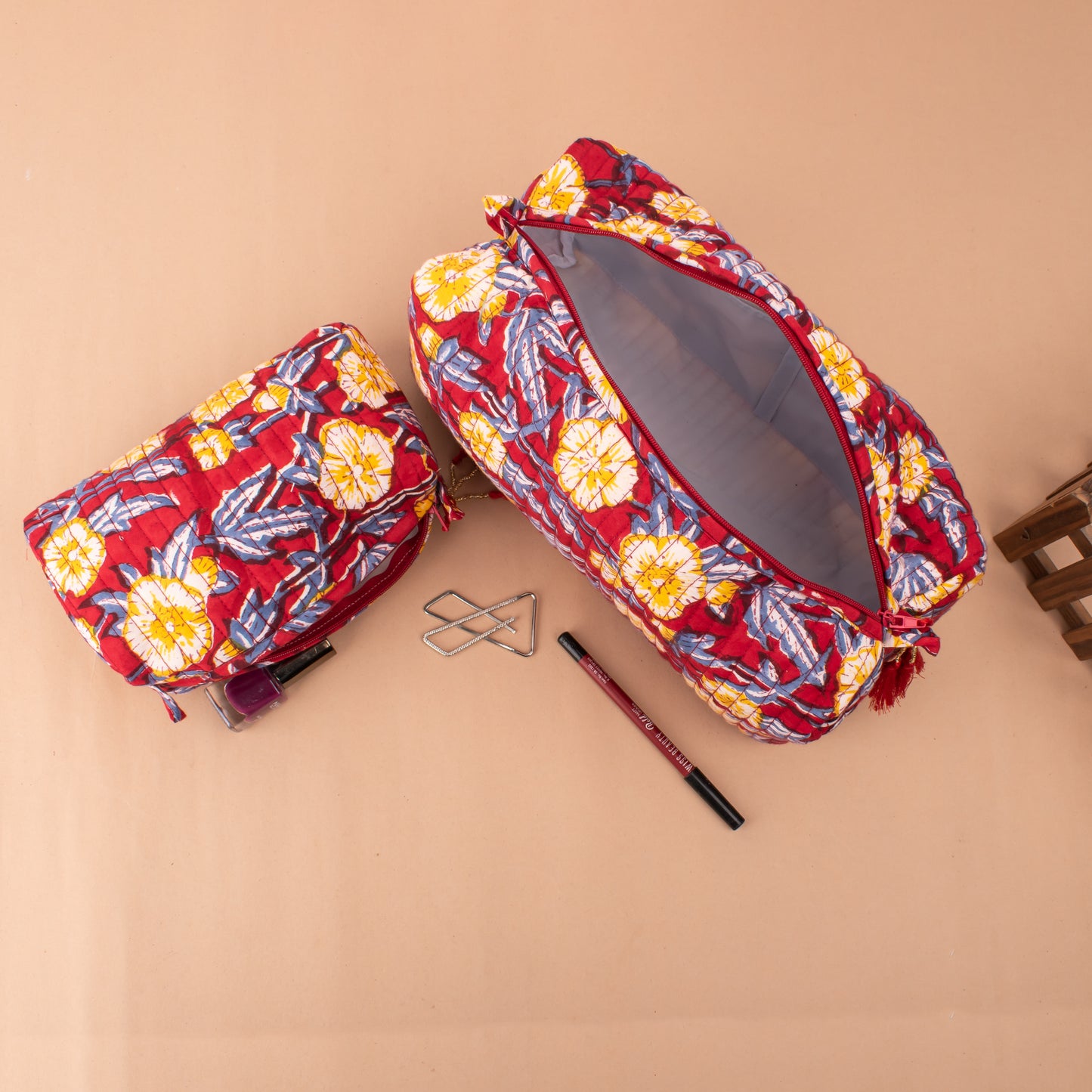 Handmade Floral Print Cosmetic Bags & Organizer, Vanity Case - Set of 3