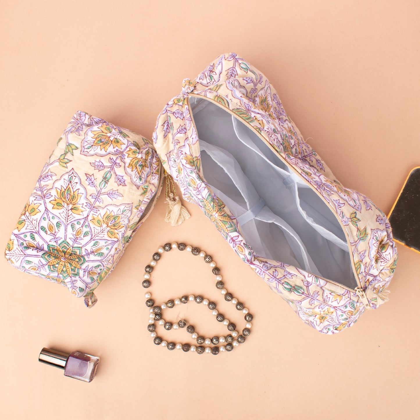 Quilted Makeup Bag With Compartments, Handmade Cotton Wash Bag, Indian Block Print Toiletry Organizer Gift For Bride