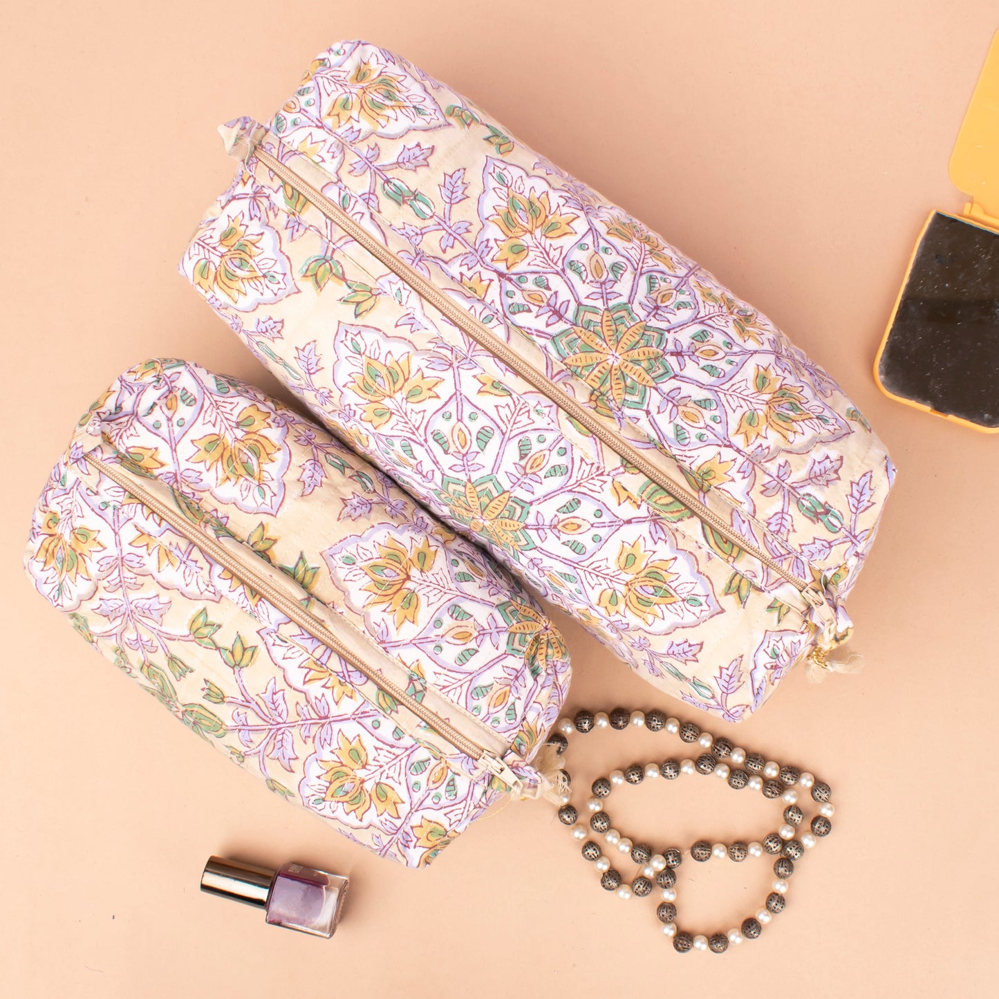 Quilted Makeup Bag With Compartments, Handmade Cotton Wash Bag, Indian Block Print Toiletry Organizer Gift For Bride