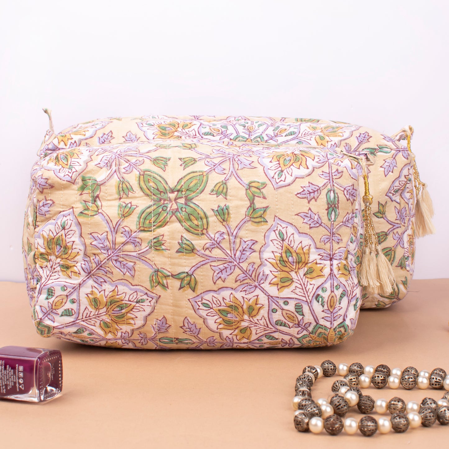 Quilted Makeup Bag With Compartments, Handmade Cotton Wash Bag, Indian Block Print Toiletry Organizer Gift For Bride