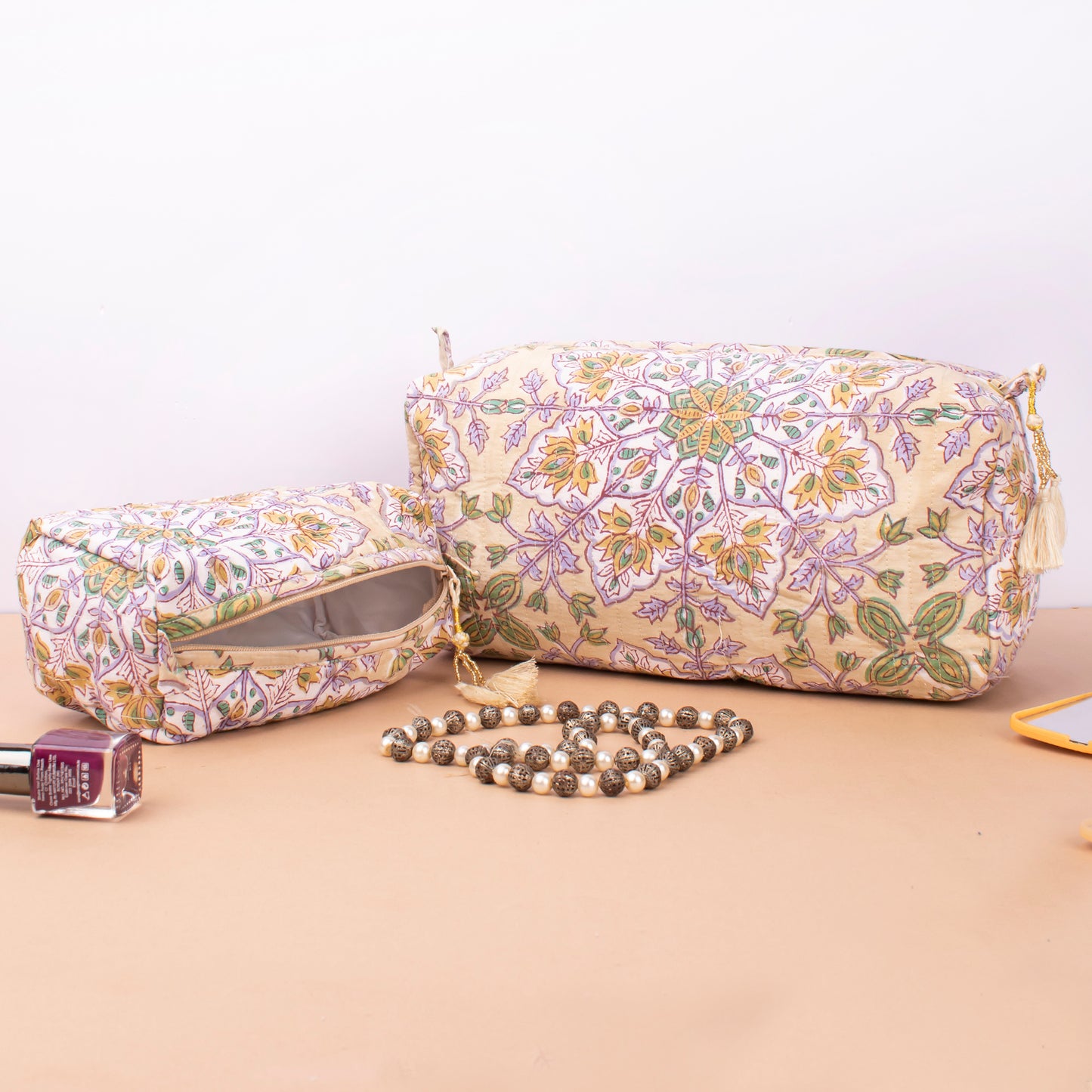 Quilted Makeup Bag With Compartments, Handmade Cotton Wash Bag, Indian Block Print Toiletry Organizer Gift For Bride