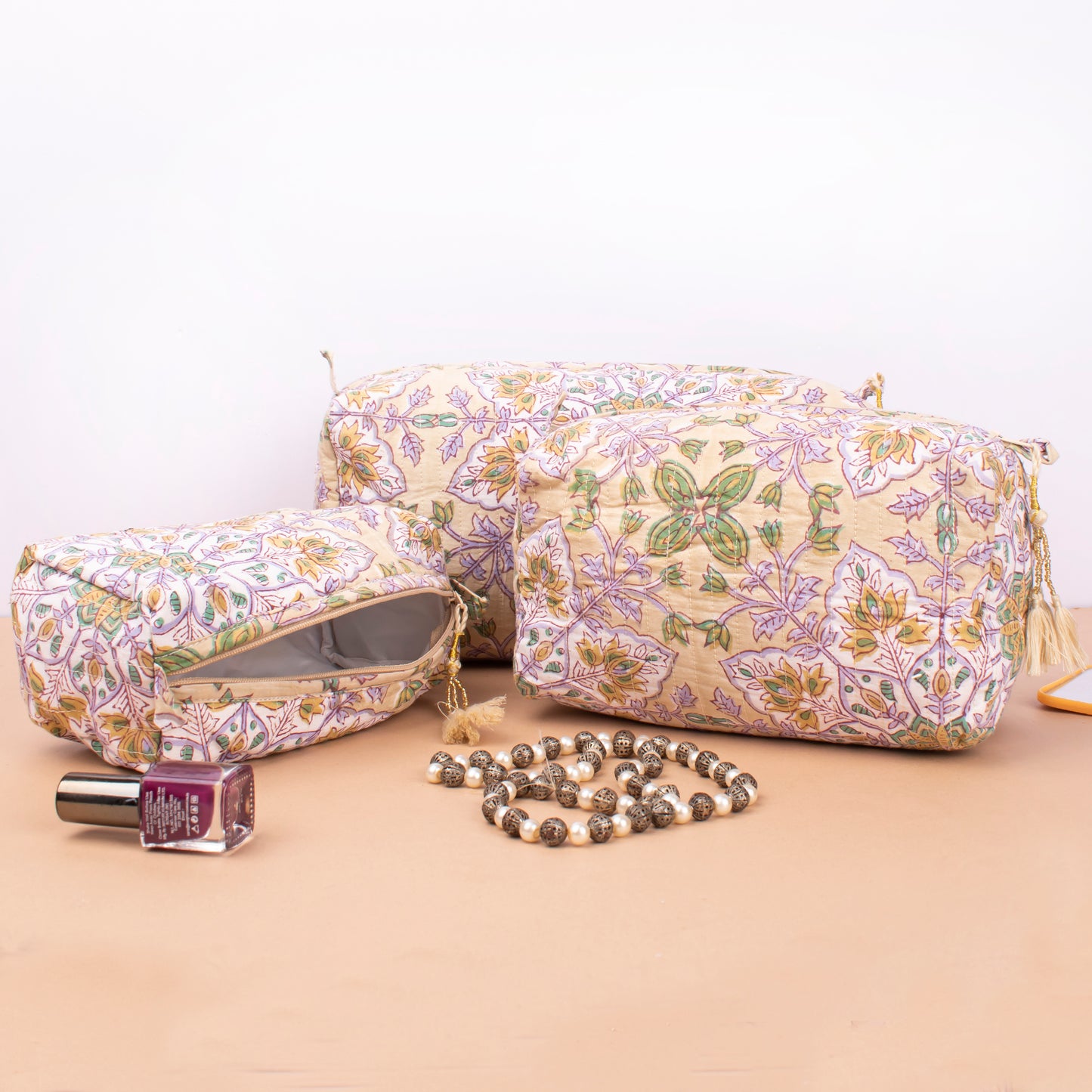 Quilted Makeup Bag With Compartments, Handmade Cotton Wash Bag, Indian Block Print Toiletry Organizer Gift For Bride