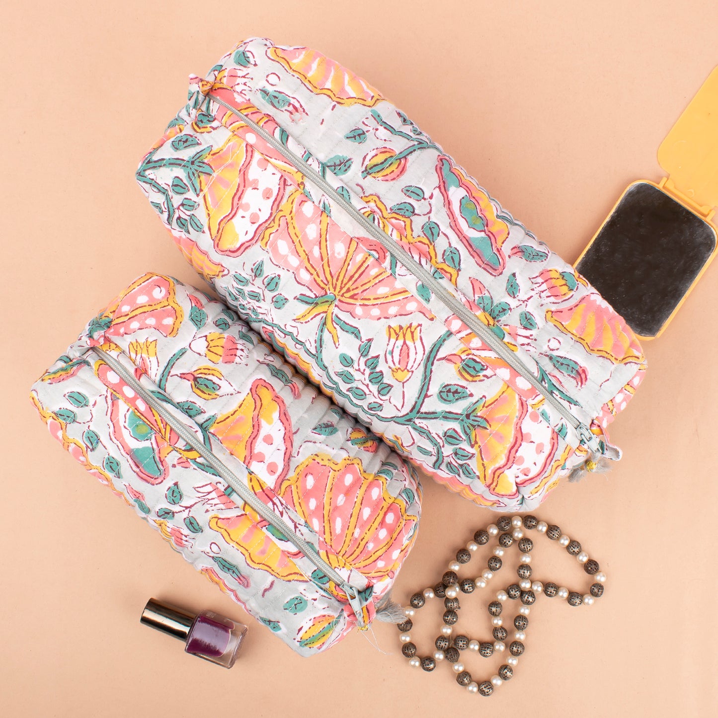 Toiletry Bag For Women With Compartments, Quilted Makeup Travel Pouch, Handmade Cotton Washbag, Vanity Gift Set