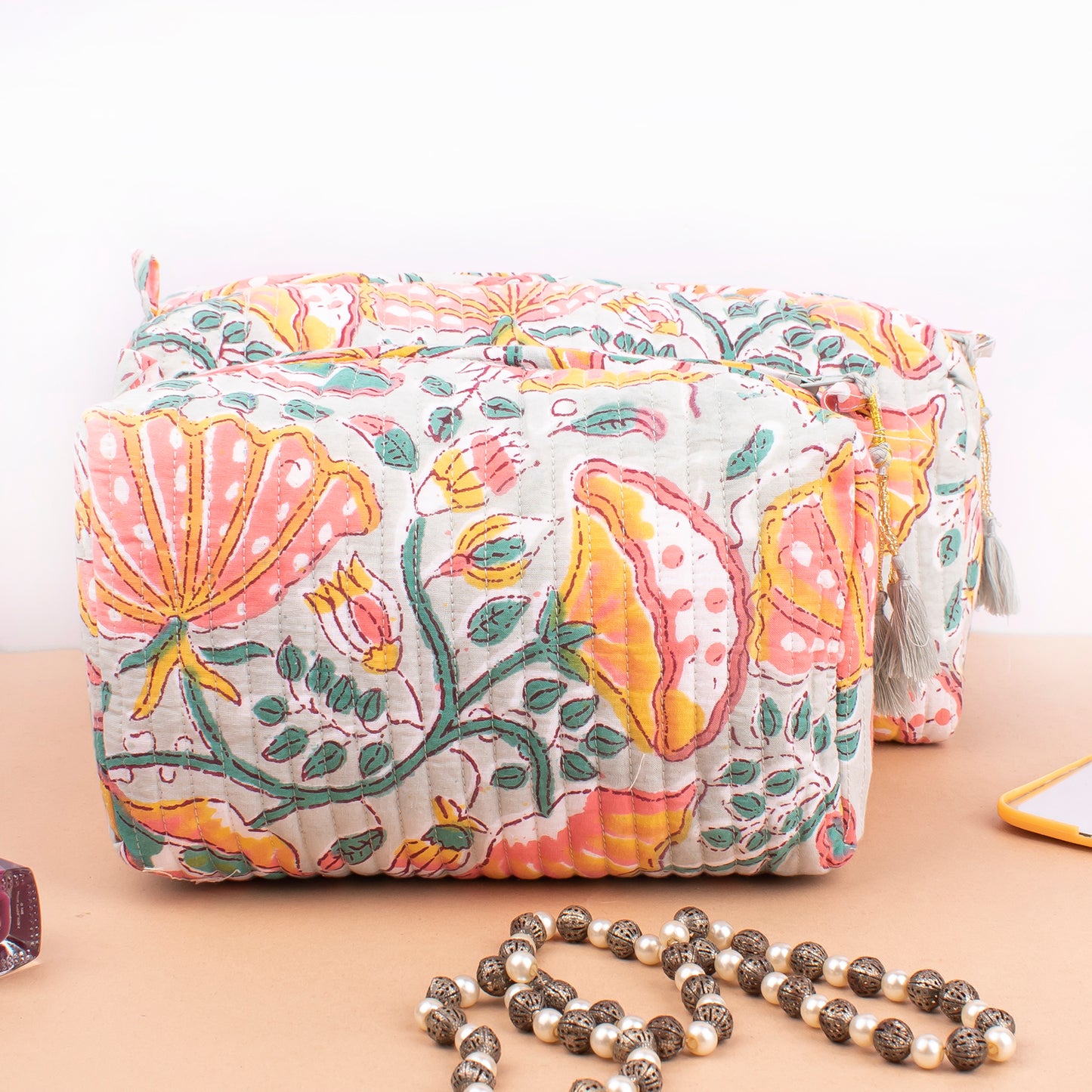 Toiletry Bag For Women With Compartments, Quilted Makeup Travel Pouch, Handmade Cotton Washbag, Vanity Gift Set
