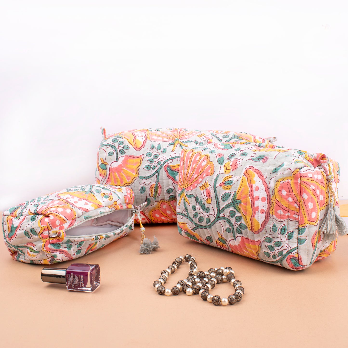 Toiletry Bag For Women With Compartments, Quilted Makeup Travel Pouch, Handmade Cotton Washbag, Vanity Gift Set