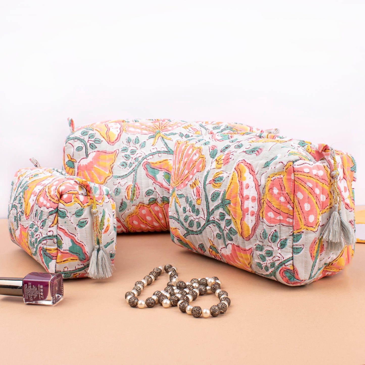 Toiletry Bag For Women With Compartments, Quilted Makeup Travel Pouch, Handmade Cotton Washbag, Vanity Gift Set