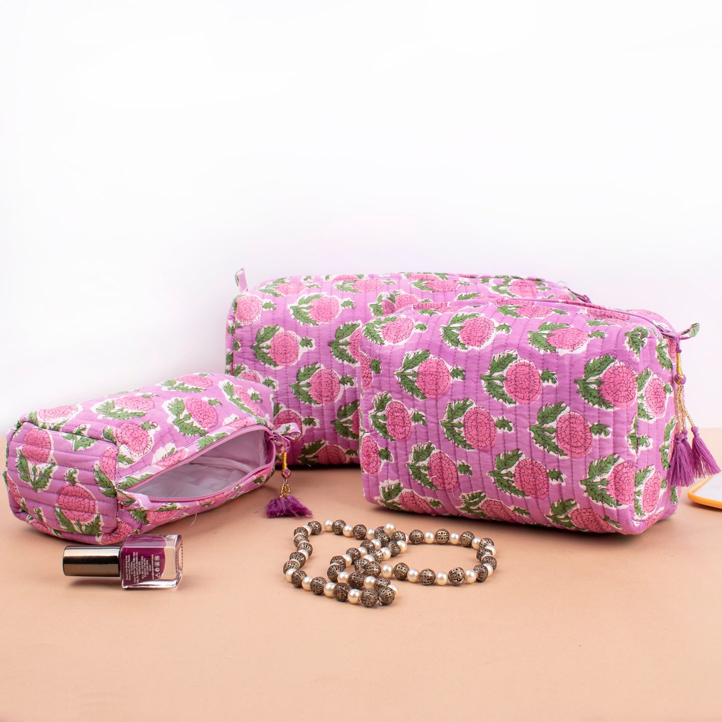 Bridesmaid Gift Quilted Makeup Bag, Block Printed Cotton Wash Pouch, Travel Organizer With Zipper, Boho Style Cosmetic Bag