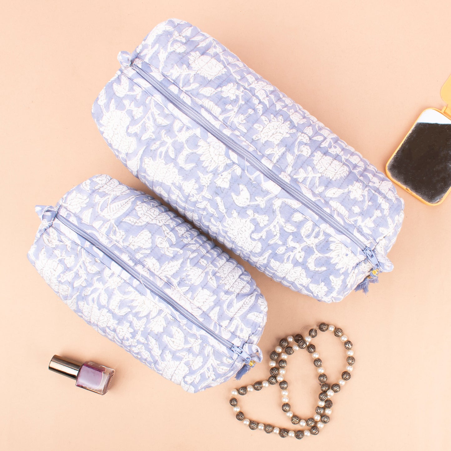 Indian Style Quilted Vanity Case, Handmade Block Print Toiletry Bag, Large Cotton Makeup Pouch With Zipper, Cosmetic Bag For Travel