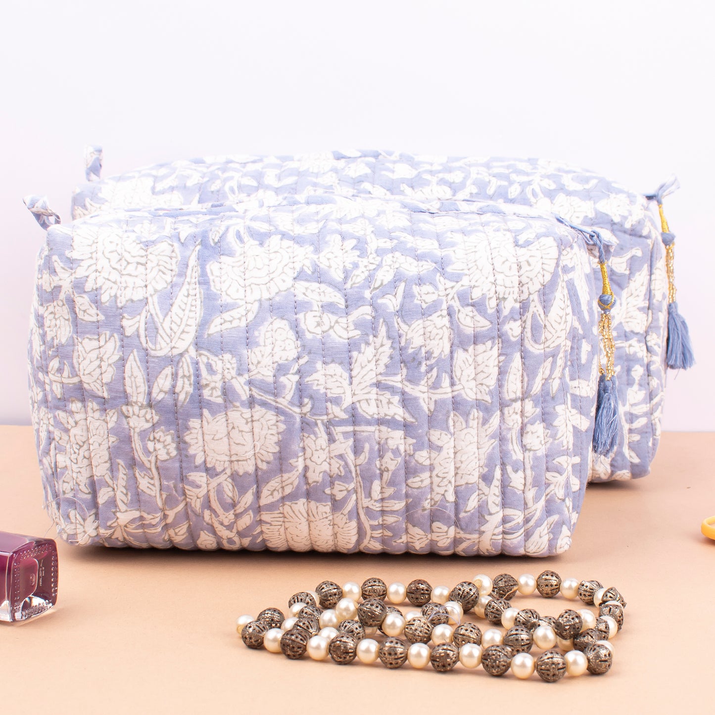 Indian Style Quilted Vanity Case, Handmade Block Print Toiletry Bag, Large Cotton Makeup Pouch With Zipper, Cosmetic Bag For Travel