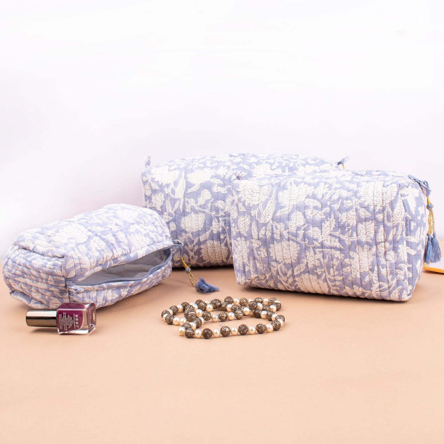 Indian Style Quilted Vanity Case, Handmade Block Print Toiletry Bag, Large Cotton Makeup Pouch With Zipper, Cosmetic Bag For Travel