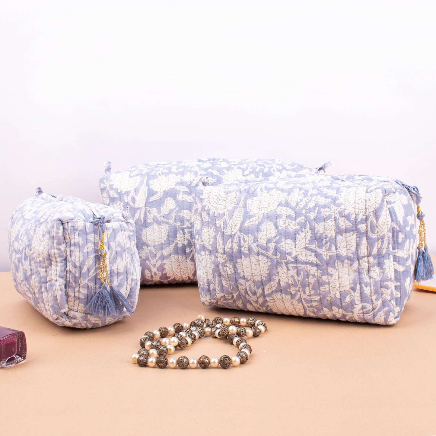 Indian Style Quilted Vanity Case, Handmade Block Print Toiletry Bag, Large Cotton Makeup Pouch With Zipper, Cosmetic Bag For Travel