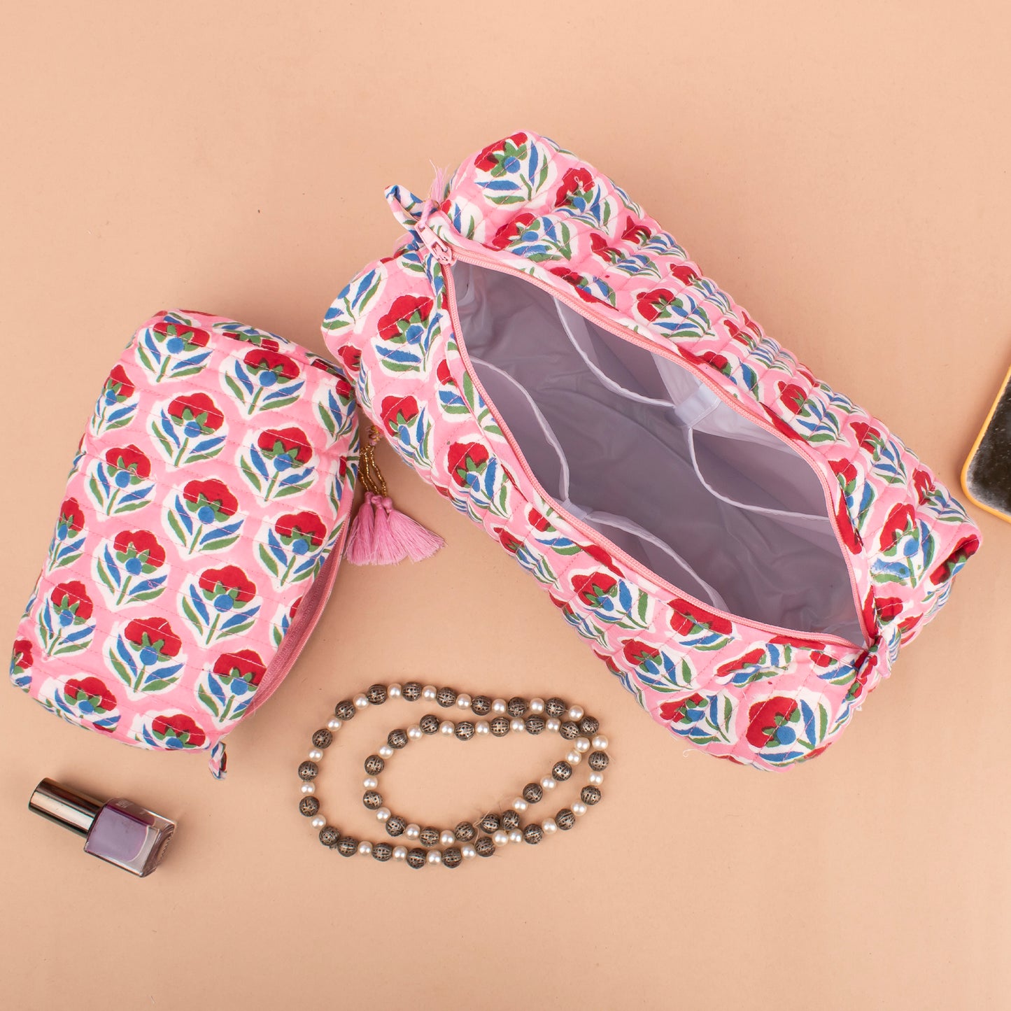 Makeup Bag With Compartments, Soft Quilted Cotton Cosmetic Organizer, Wash Bag For Travel Toiletries, Gift Idea