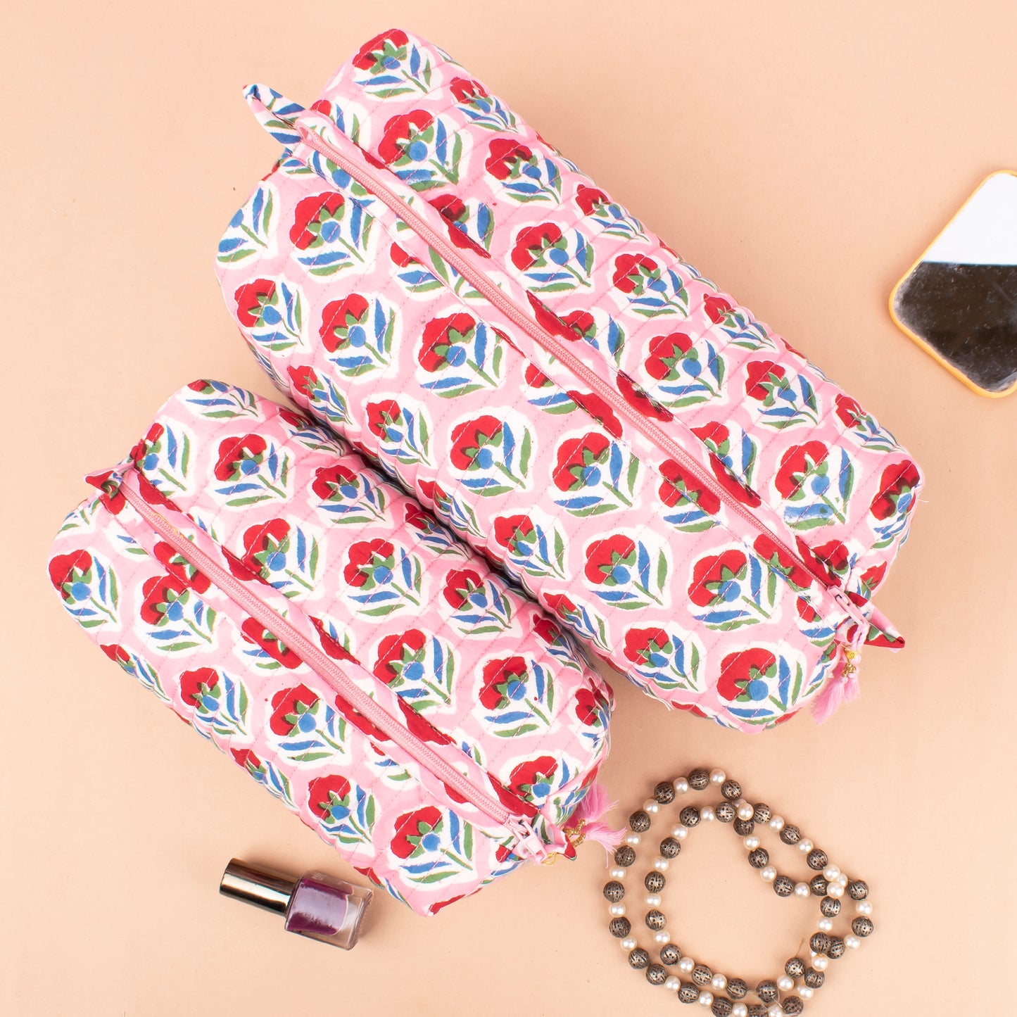 Makeup Bag With Compartments, Soft Quilted Cotton Cosmetic Organizer, Wash Bag For Travel Toiletries, Gift Idea