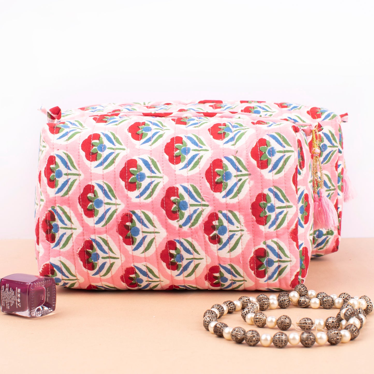 Makeup Bag With Compartments, Soft Quilted Cotton Cosmetic Organizer, Wash Bag For Travel Toiletries, Gift Idea