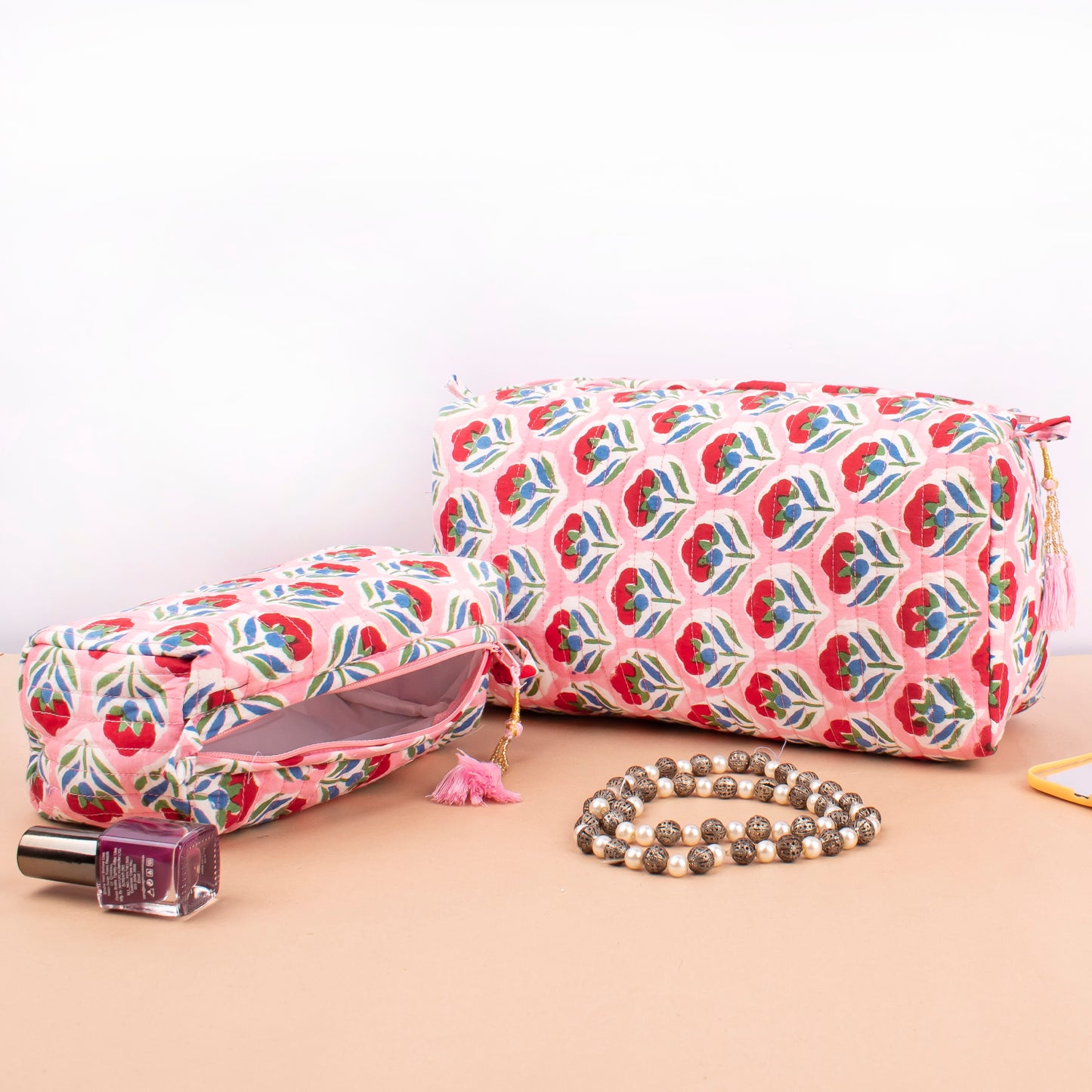 Makeup Bag With Compartments, Soft Quilted Cotton Cosmetic Organizer, Wash Bag For Travel Toiletries, Gift Idea