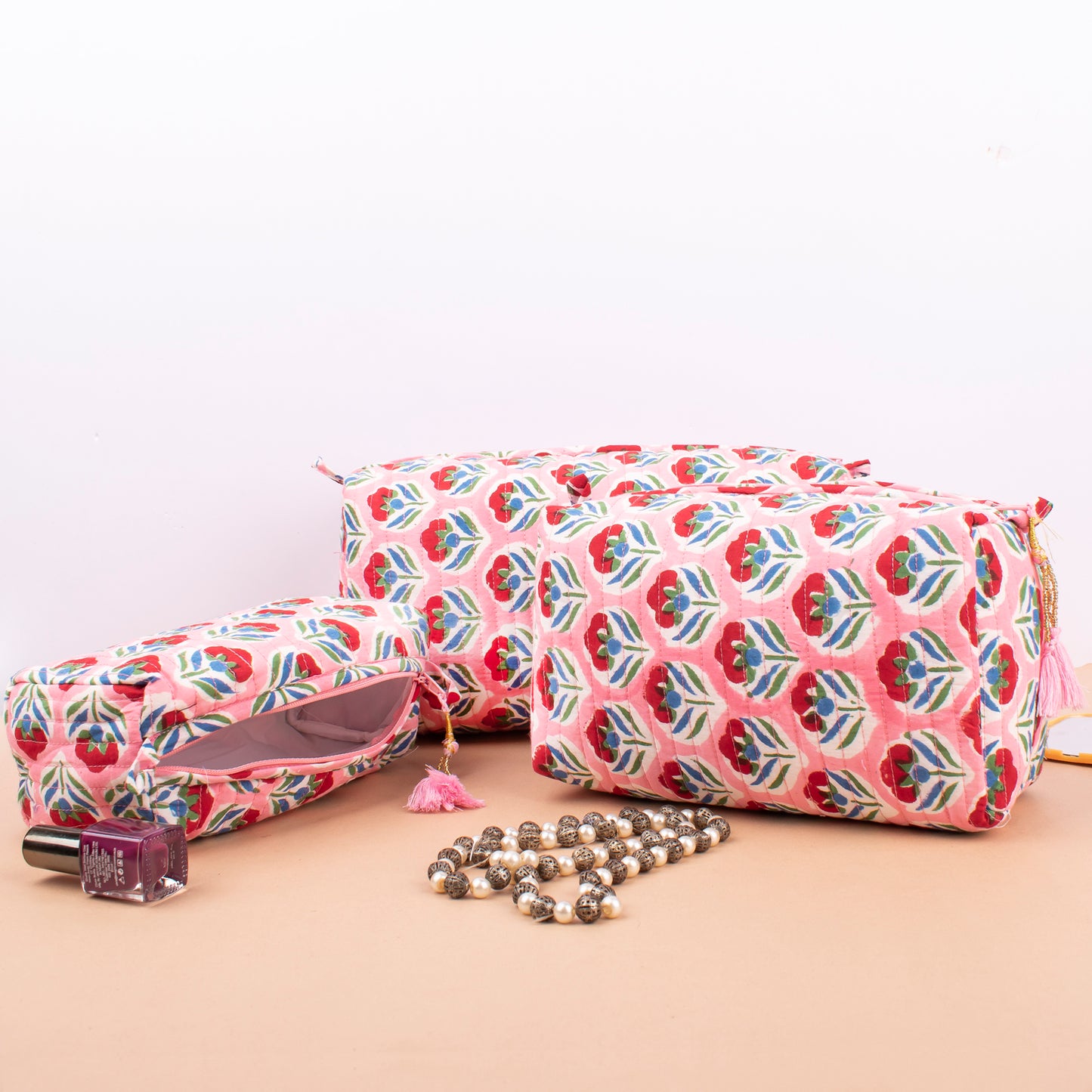 Makeup Bag With Compartments, Soft Quilted Cotton Cosmetic Organizer, Wash Bag For Travel Toiletries, Gift Idea