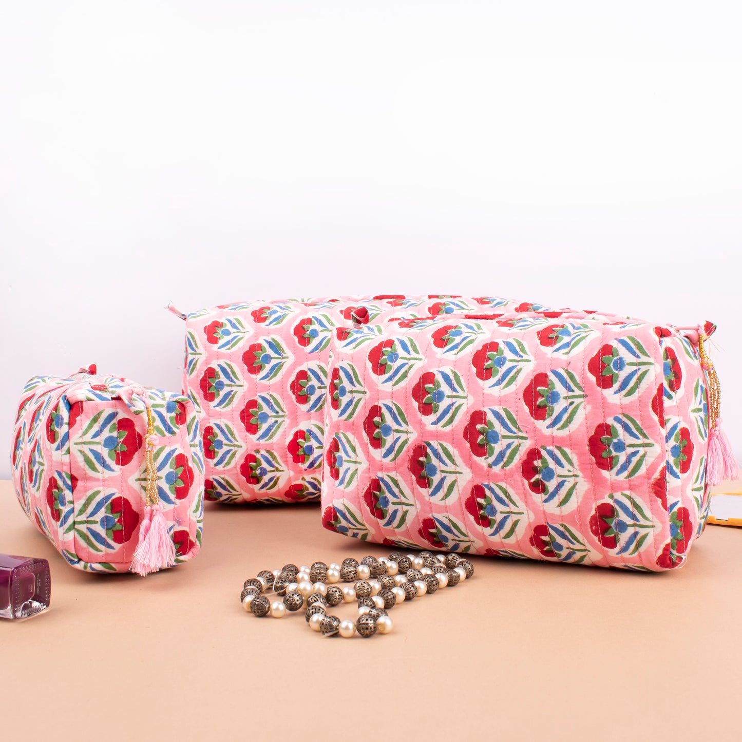 Makeup Bag With Compartments, Soft Quilted Cotton Cosmetic Organizer, Wash Bag For Travel Toiletries, Gift Idea