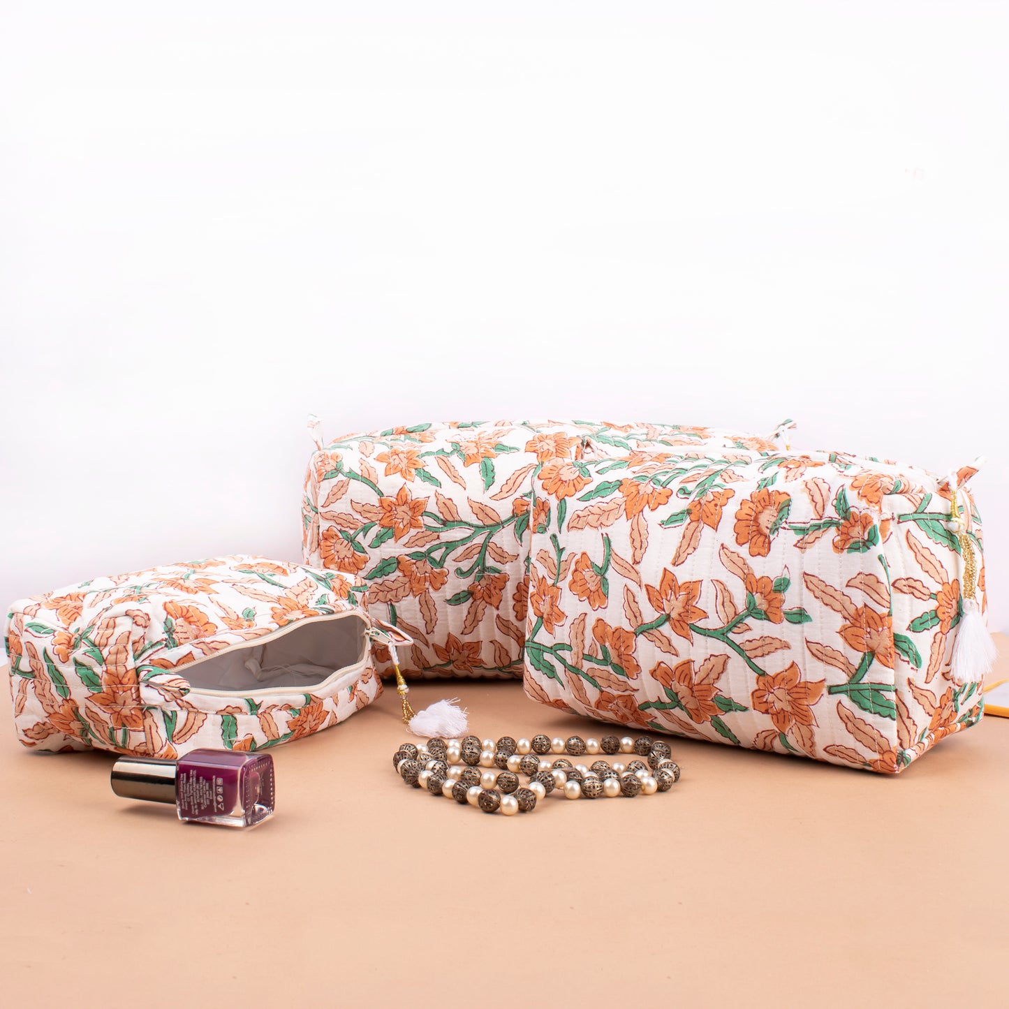 Block Print Wash Bag Set, Travel Toiletry Pouches For Women, Quilted Vanity Case, Handmade Cotton Makeup Bags For Gift