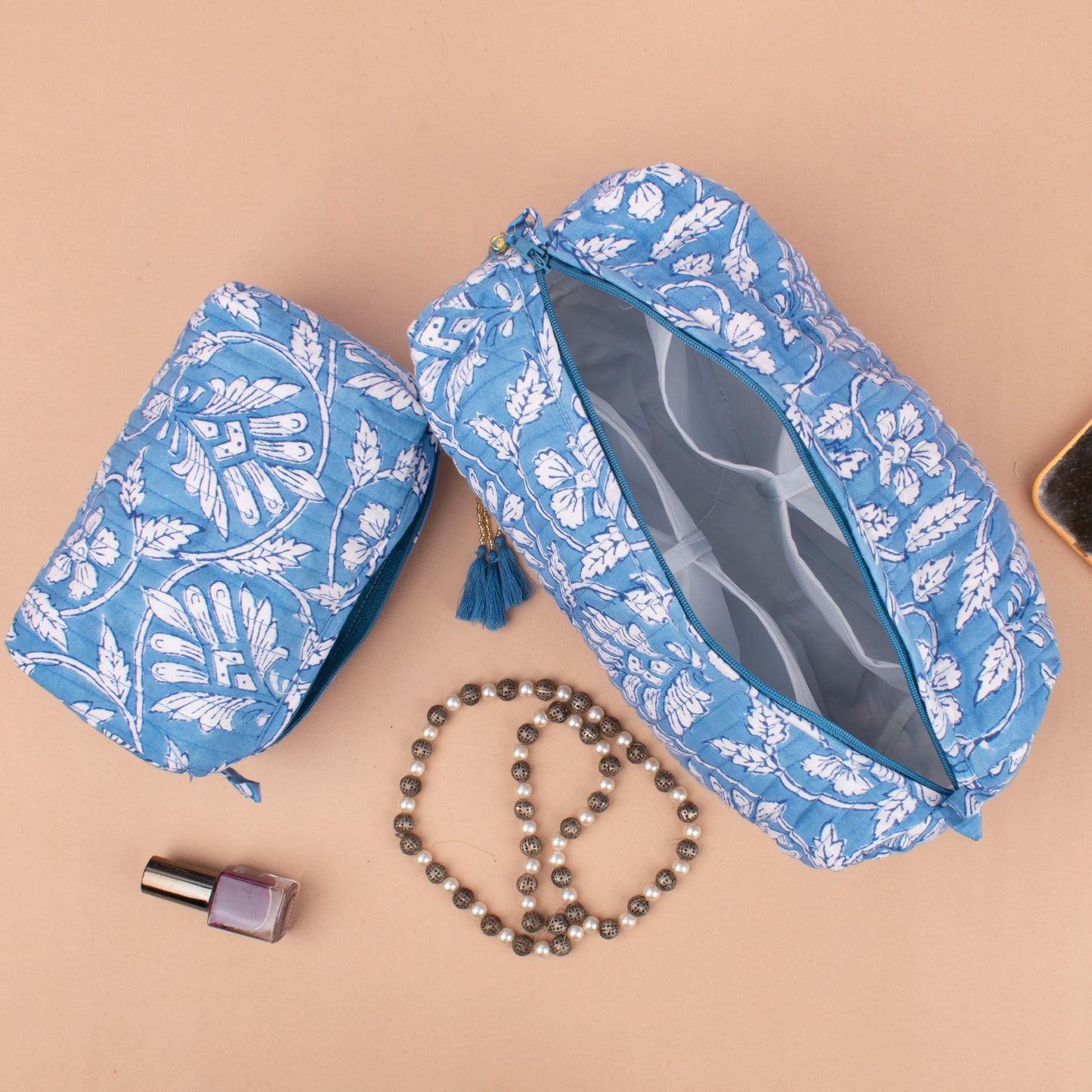 Toiletry Bag Set Quilted, Floral Printed Makeup Organizer, Soft Cotton Cosmetic Pouch For Travel Or Gift, Cotton Cosmetic Pouch