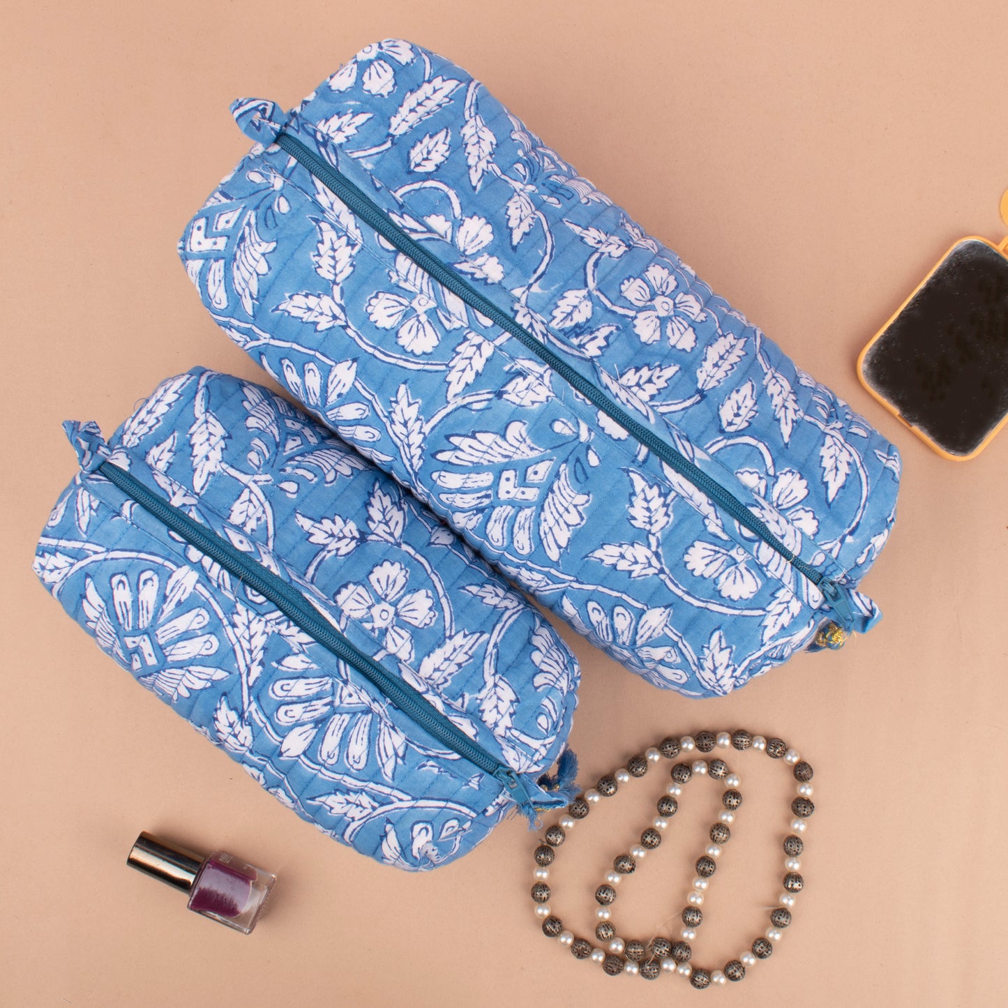 Toiletry Bag Set Quilted, Floral Printed Makeup Organizer, Soft Cotton Cosmetic Pouch For Travel Or Gift, Cotton Cosmetic Pouch