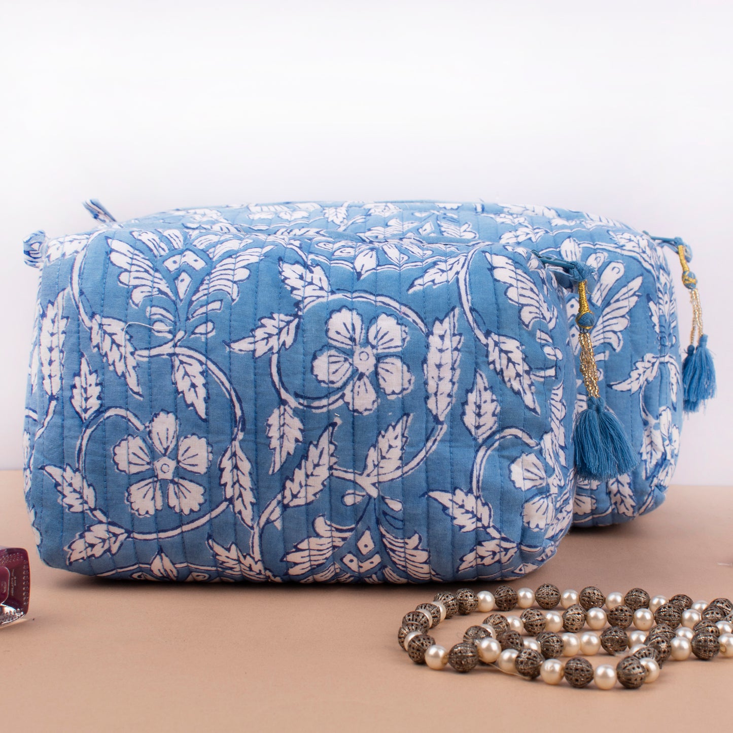 Toiletry Bag Set Quilted, Floral Printed Makeup Organizer, Soft Cotton Cosmetic Pouch For Travel Or Gift, Cotton Cosmetic Pouch