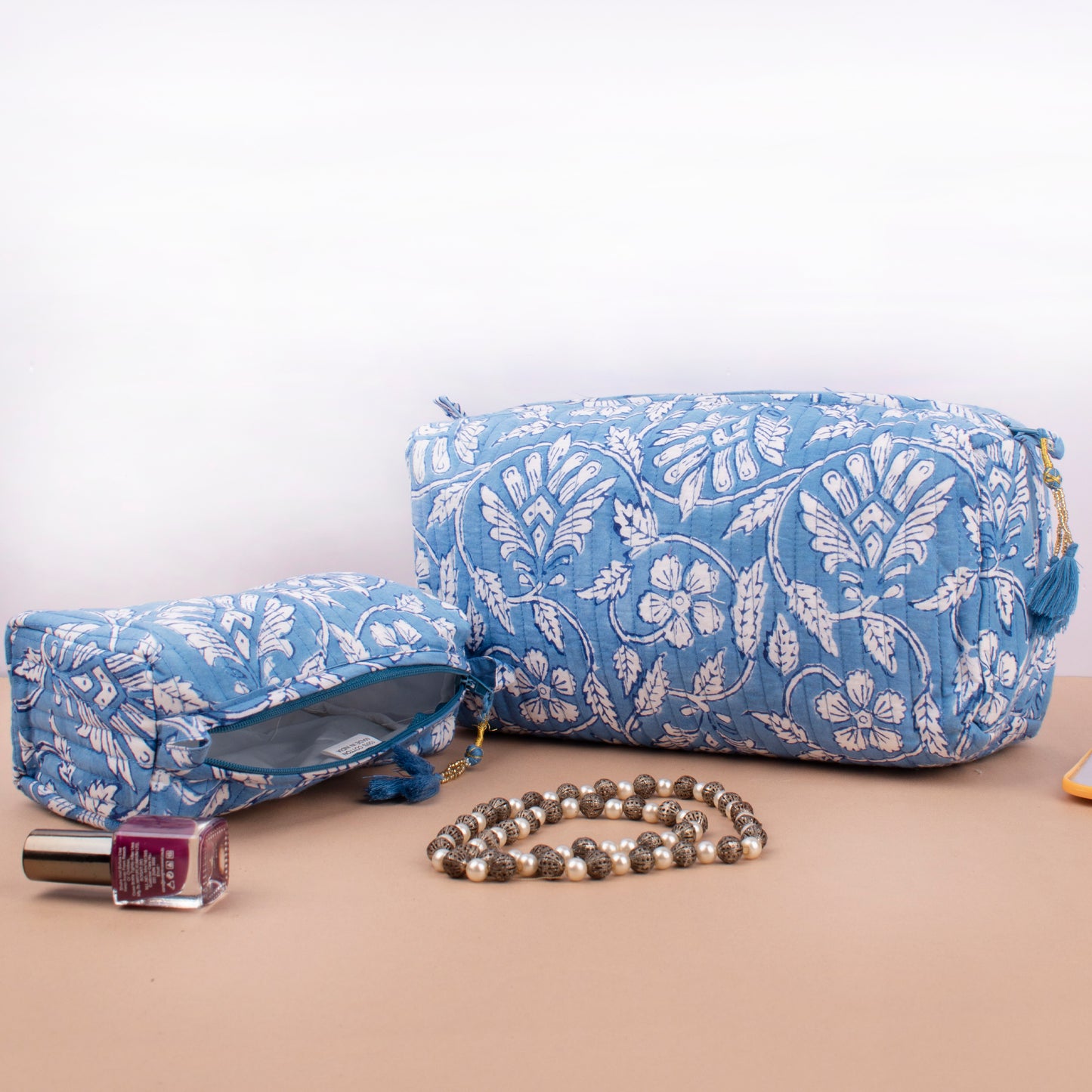 Toiletry Bag Set Quilted, Floral Printed Makeup Organizer, Soft Cotton Cosmetic Pouch For Travel Or Gift, Cotton Cosmetic Pouch