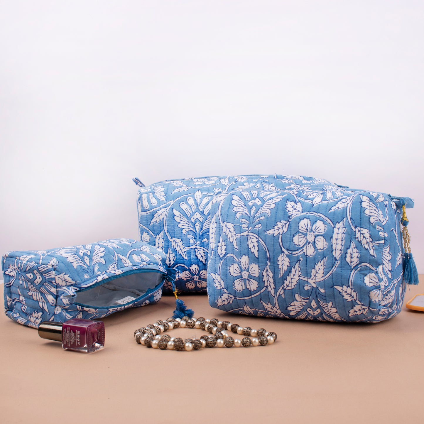 Toiletry Bag Set Quilted, Floral Printed Makeup Organizer, Soft Cotton Cosmetic Pouch For Travel Or Gift, Cotton Cosmetic Pouch