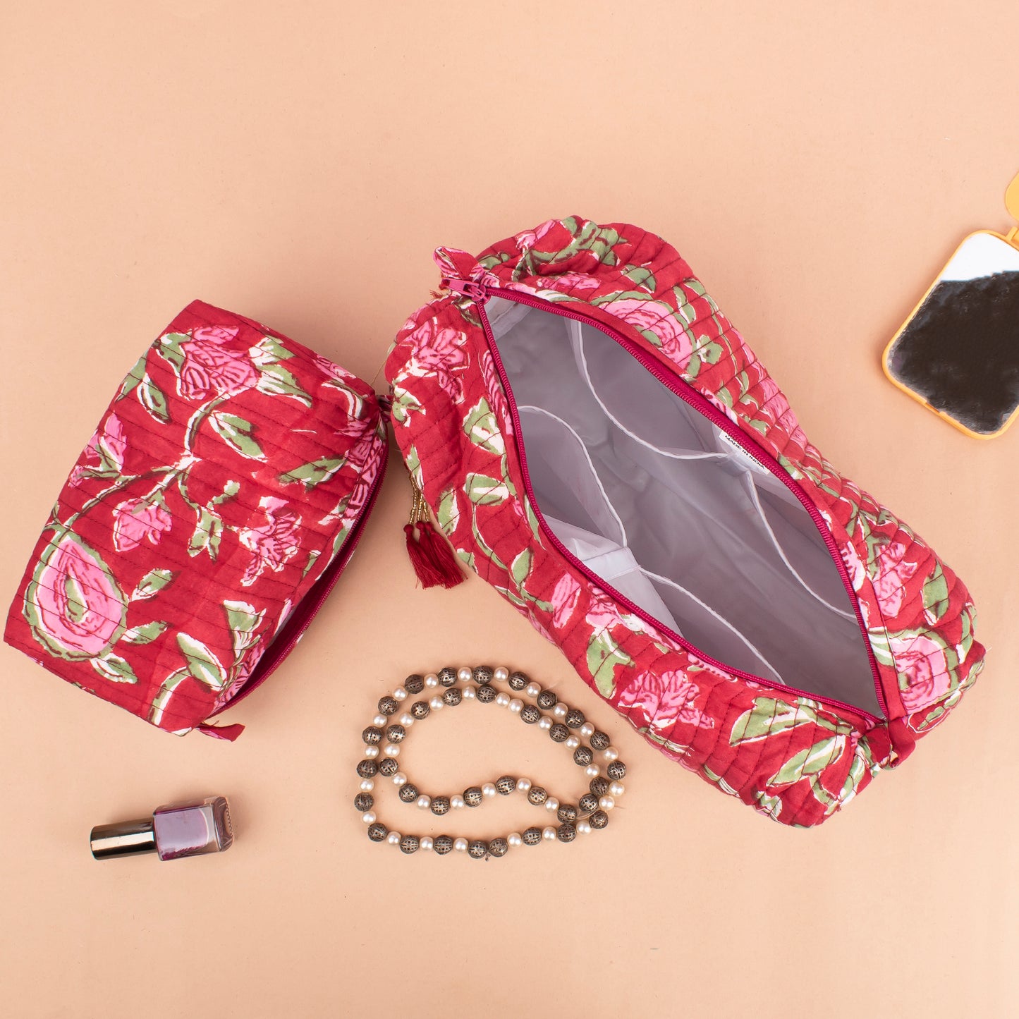 Organic Cotton Makeup Organizer, Quilted Block Print Toiletry Pouch, Travel Cosmetic Bag For Bridesmaids, Cute Mini Bag