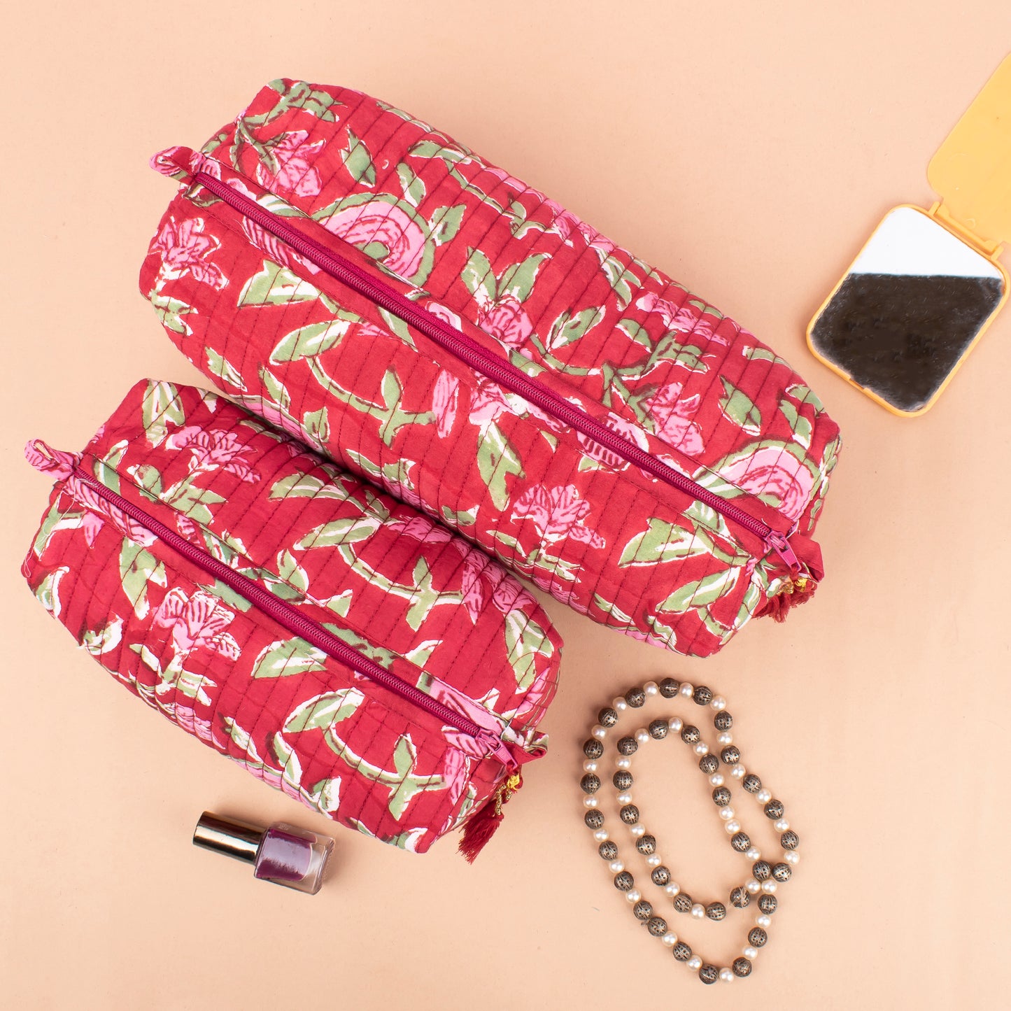 Organic Cotton Makeup Organizer, Quilted Block Print Toiletry Pouch, Travel Cosmetic Bag For Bridesmaids, Cute Mini Bag