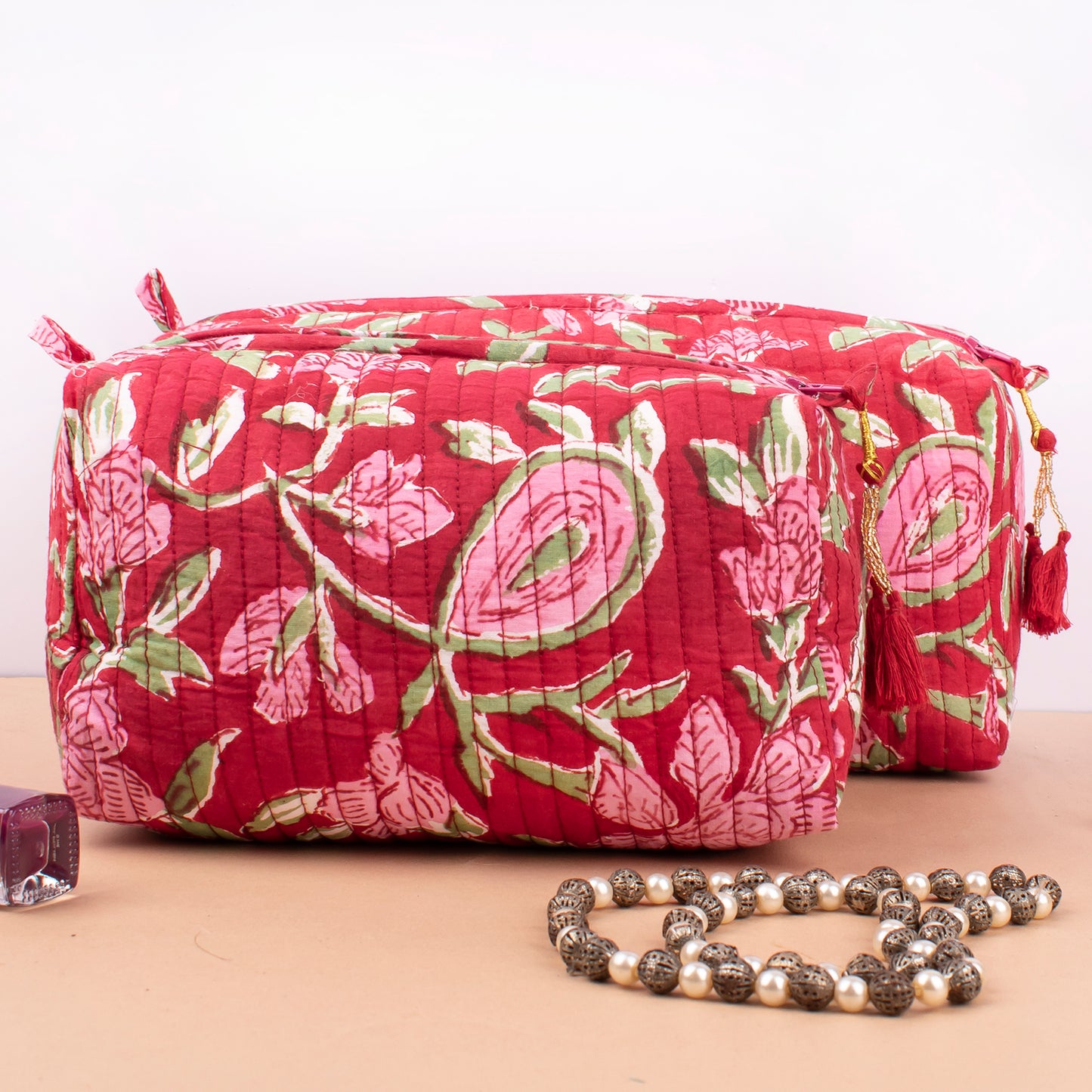 Organic Cotton Makeup Organizer, Quilted Block Print Toiletry Pouch, Travel Cosmetic Bag For Bridesmaids, Cute Mini Bag