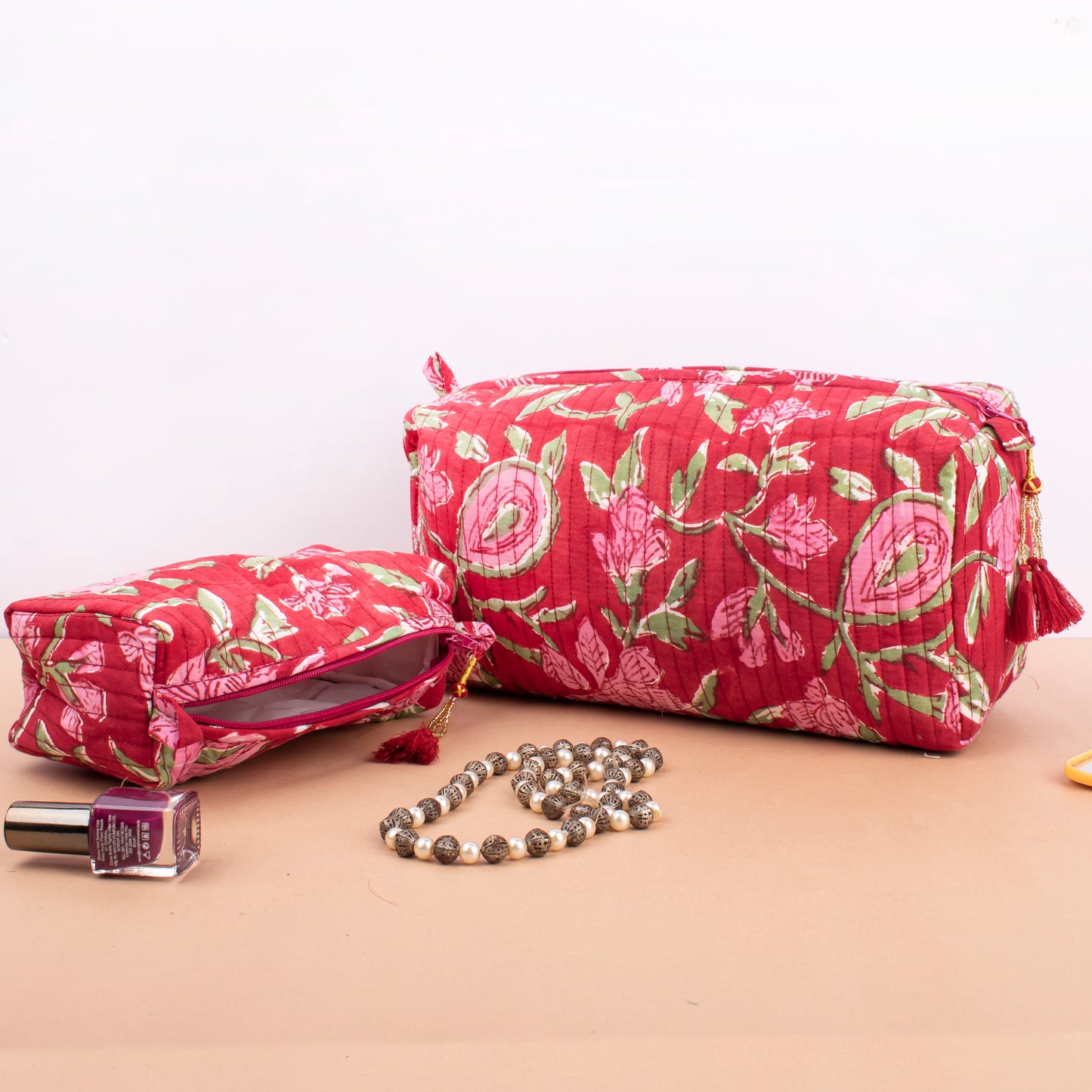 Organic Cotton Makeup Organizer, Quilted Block Print Toiletry Pouch, Travel Cosmetic Bag For Bridesmaids, Cute Mini Bag