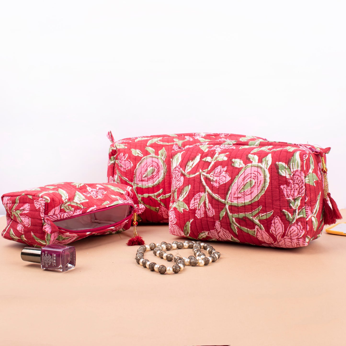 Organic Cotton Makeup Organizer, Quilted Block Print Toiletry Pouch, Travel Cosmetic Bag For Bridesmaids, Cute Mini Bag