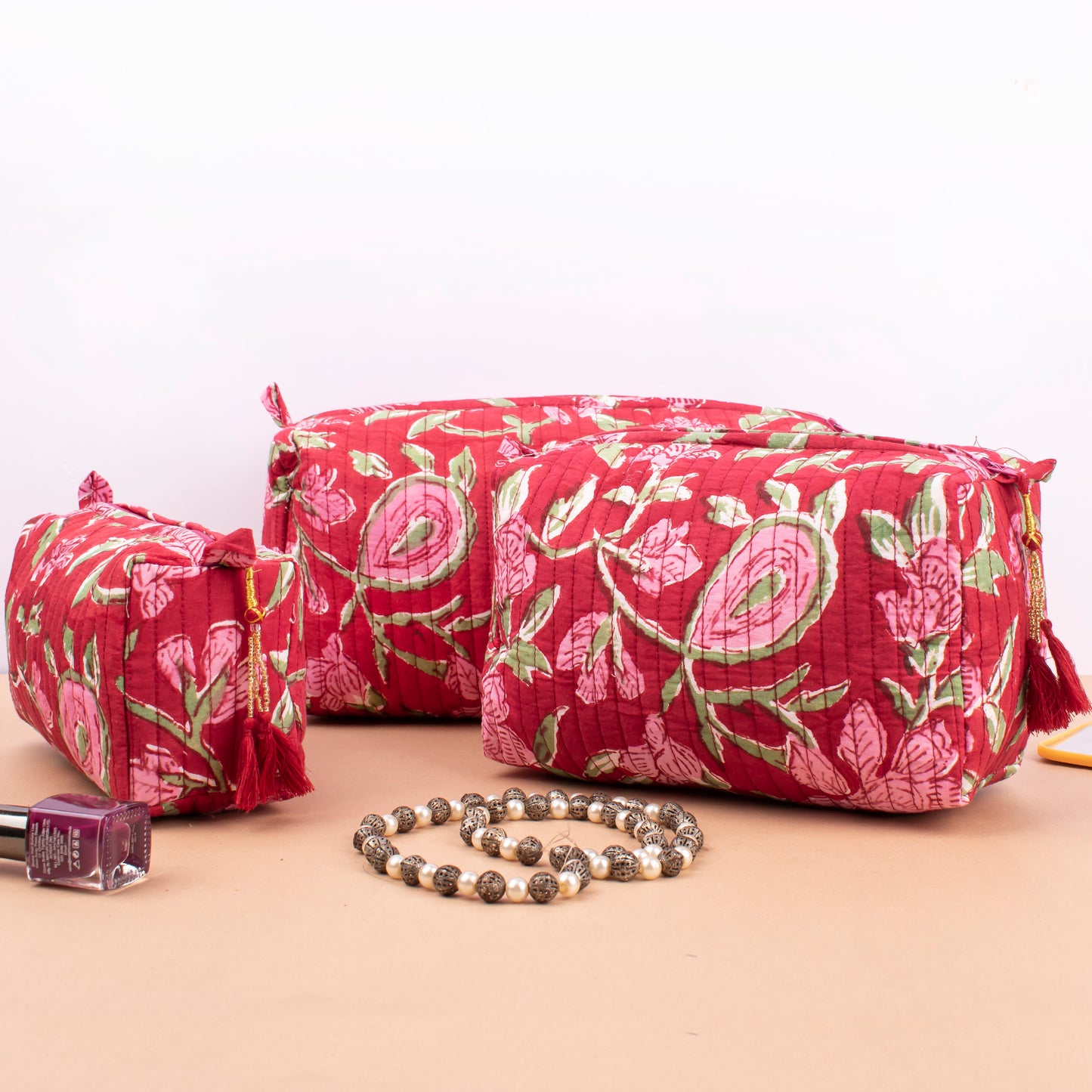 Organic Cotton Makeup Organizer, Quilted Block Print Toiletry Pouch, Travel Cosmetic Bag For Bridesmaids, Cute Mini Bag