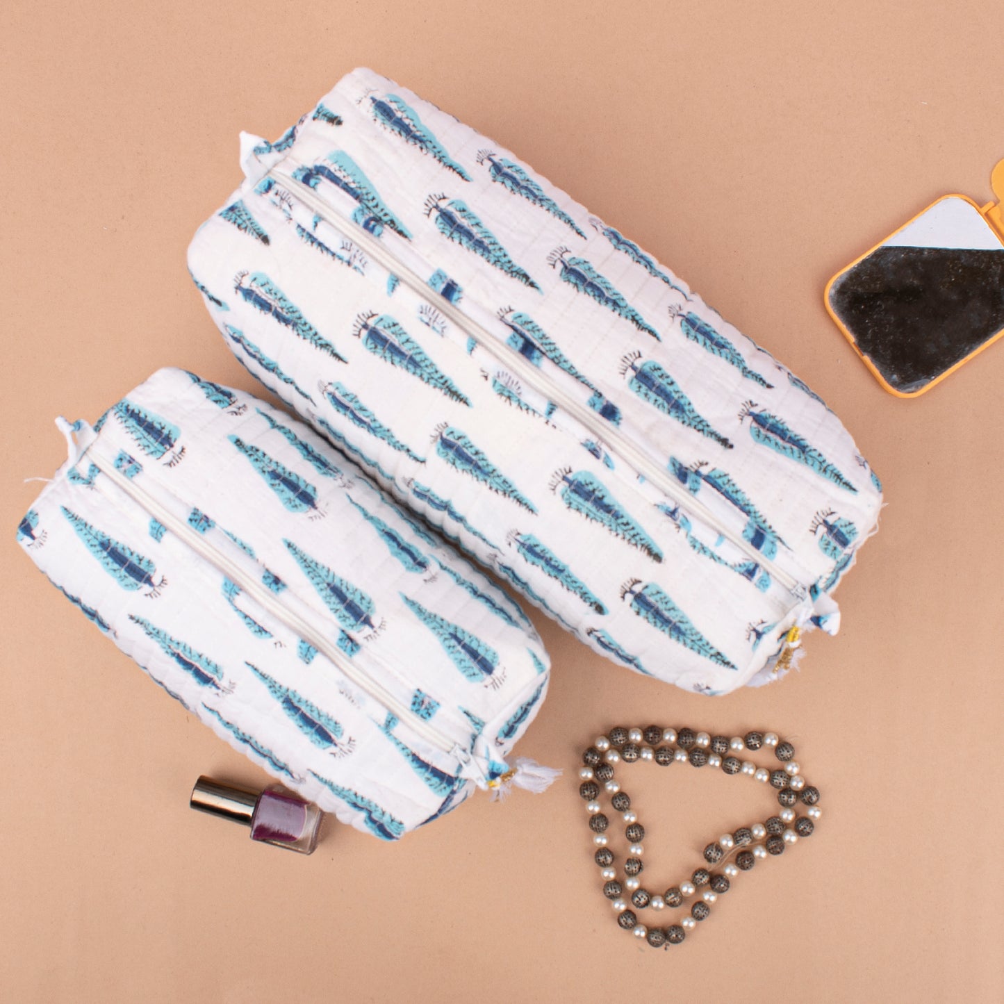 Hand Block Printed Vanity Case, Sustainable Quilted Makeup Bag, Washable Travel Organizer For Women, Gift Idea For Bride Made