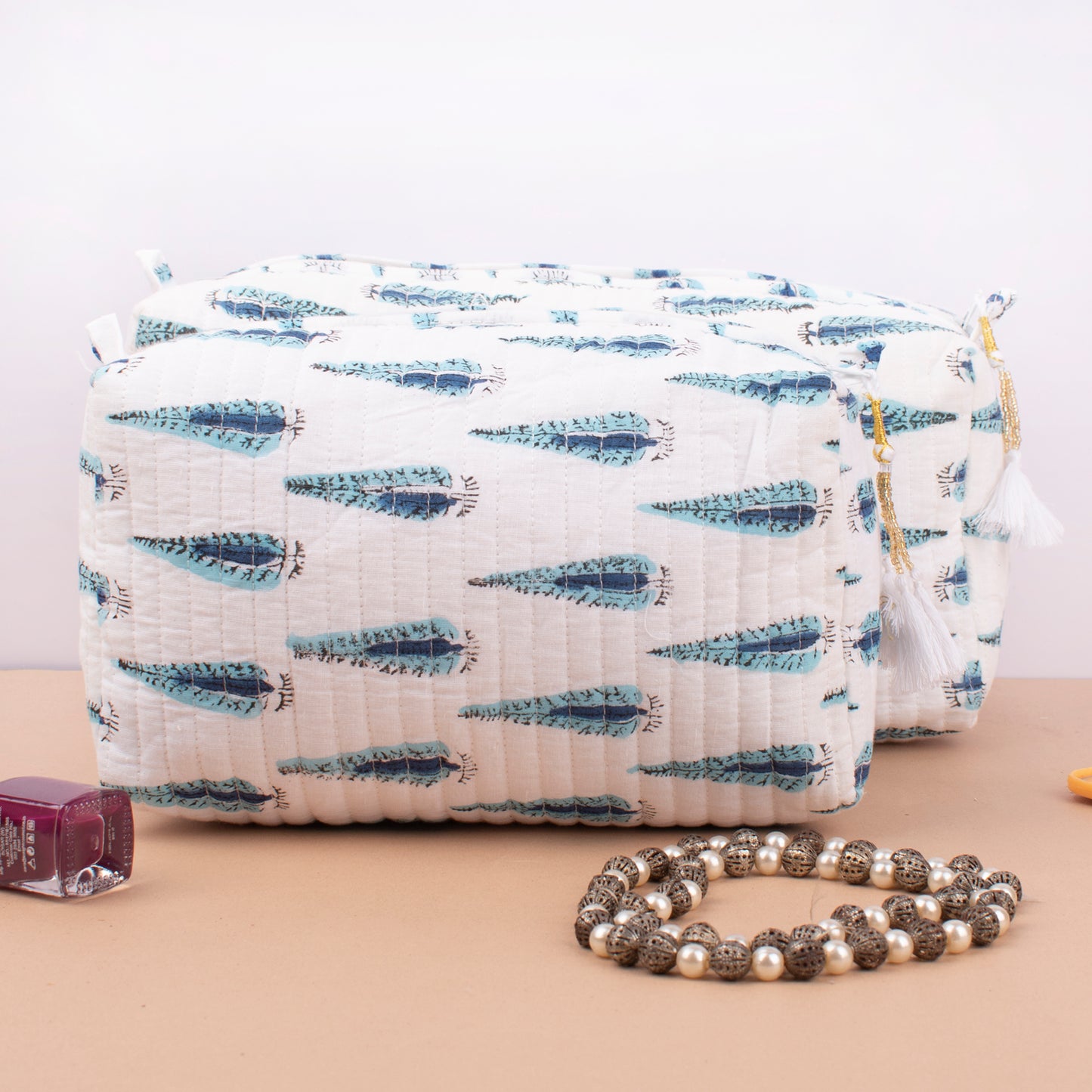 Hand Block Printed Vanity Case, Sustainable Quilted Makeup Bag, Washable Travel Organizer For Women, Gift Idea For Bride Made