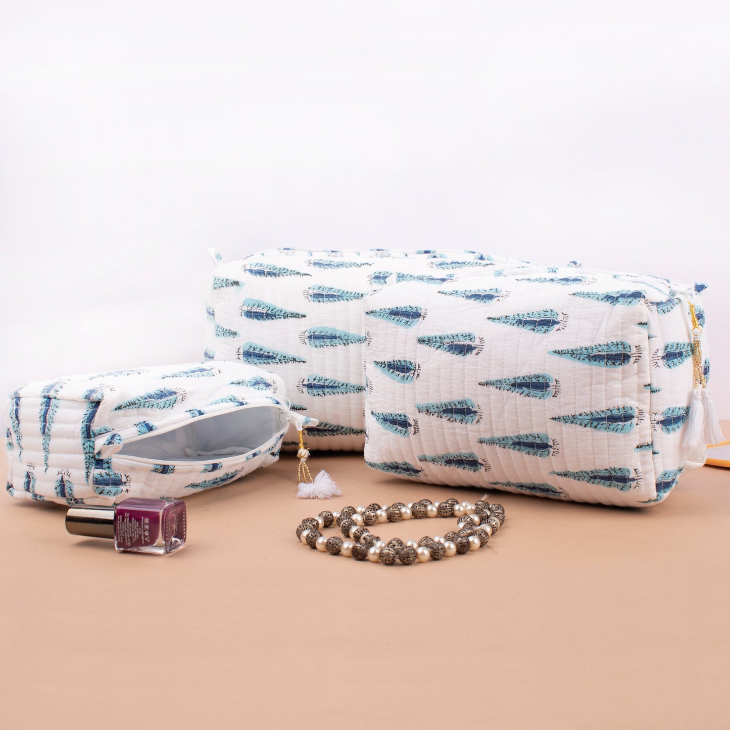 Hand Block Printed Vanity Case, Sustainable Quilted Makeup Bag, Washable Travel Organizer For Women, Gift Idea For Bride Made