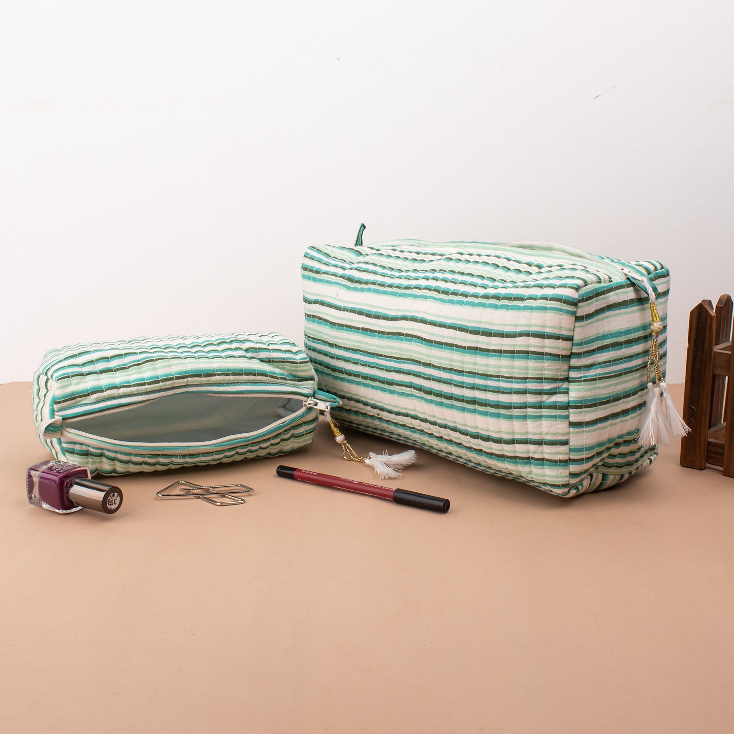 Makeup Organizer And Sarong Duo, Pareo Wrap And Beauty Bag Set, Block Print Beach Pareo, Boho Scarf Wrap & Mini Cosmetic Pouch Combo