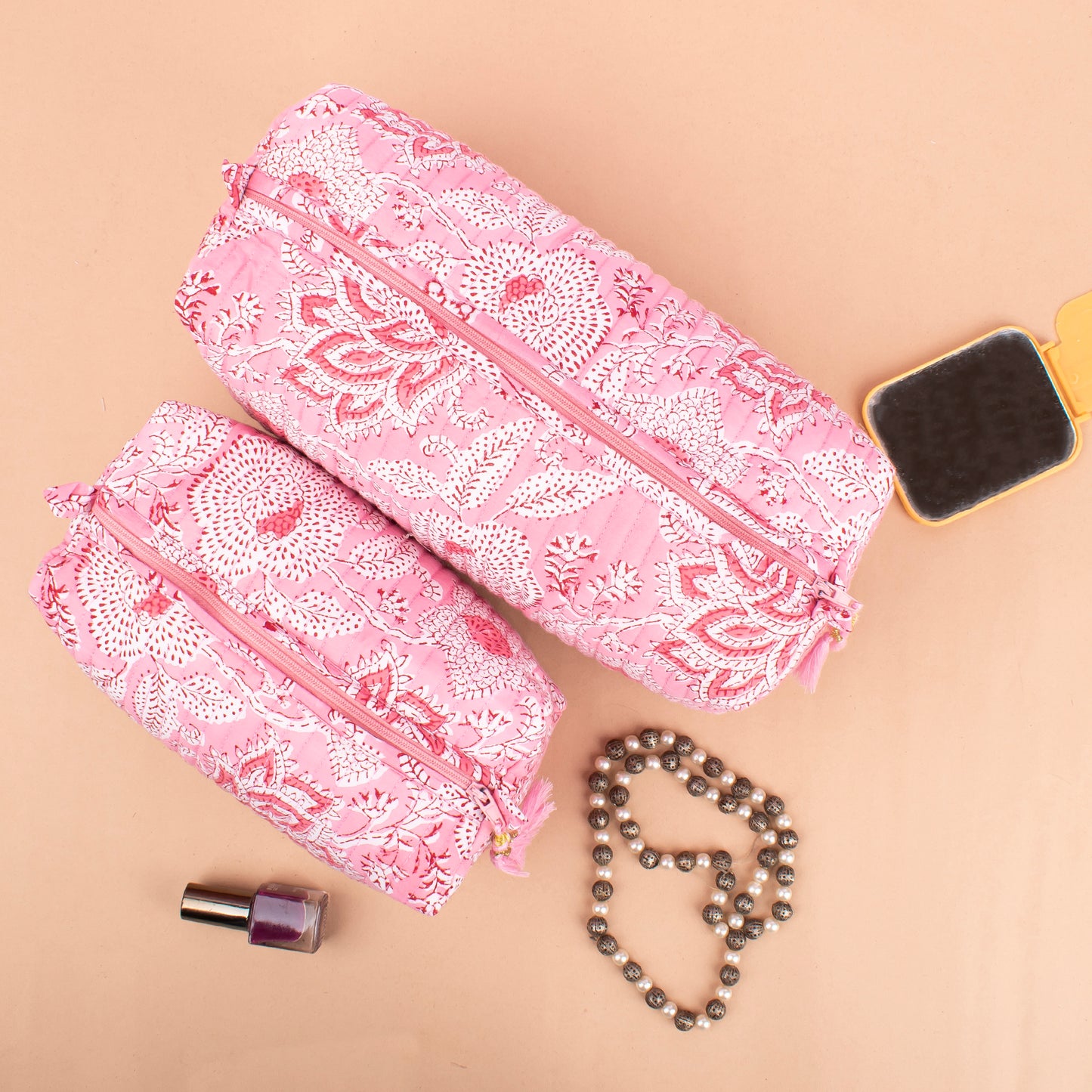 Zippered Quilted Makeup Bag, Small Cosmetic Case With Compartments, Indian Handmade Toiletry Organizer, Waterproof Bag