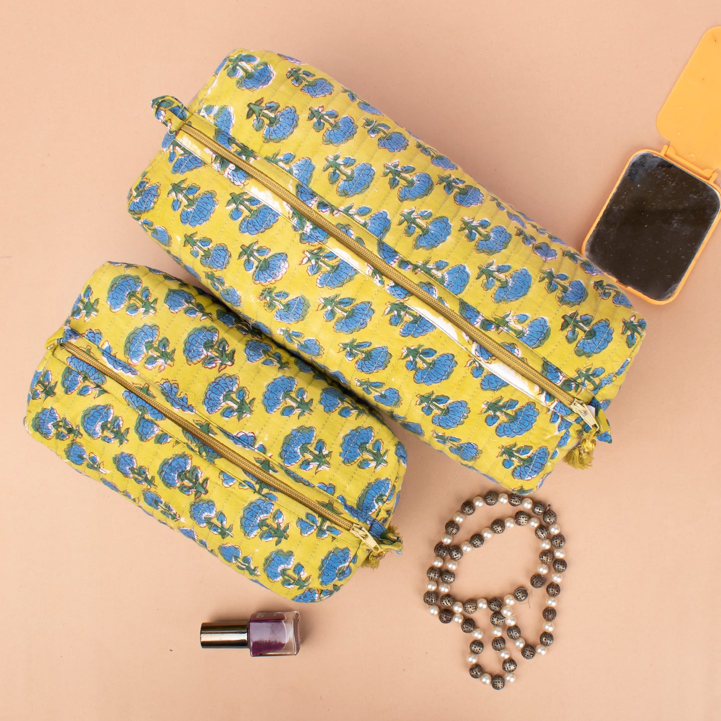 Quilted Cotton Large Makeup Bag, Boho Style Toiletry Pouch Set, Bridesmaid Gift Organizer, Handmade Travel Case For Bride