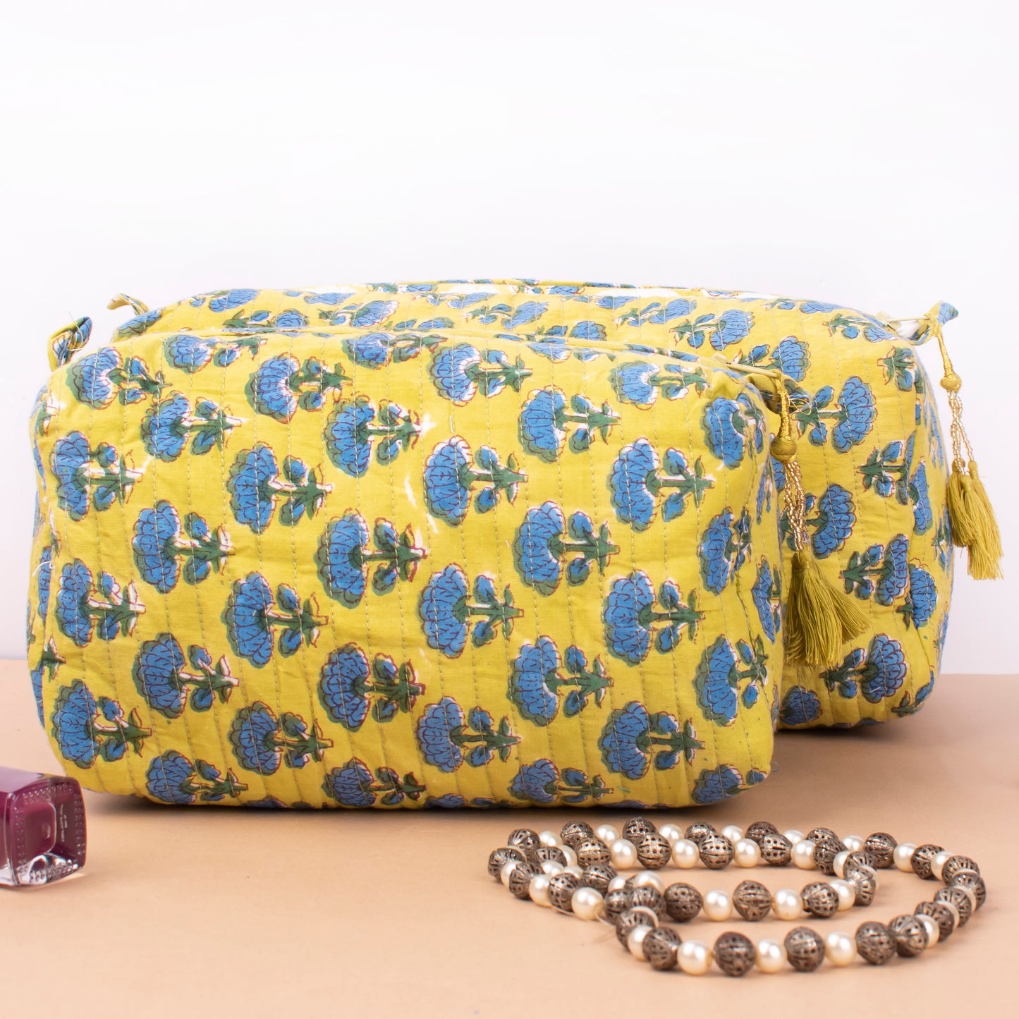 Quilted Cotton Large Makeup Bag, Boho Style Toiletry Pouch Set, Bridesmaid Gift Organizer, Handmade Travel Case For Bride