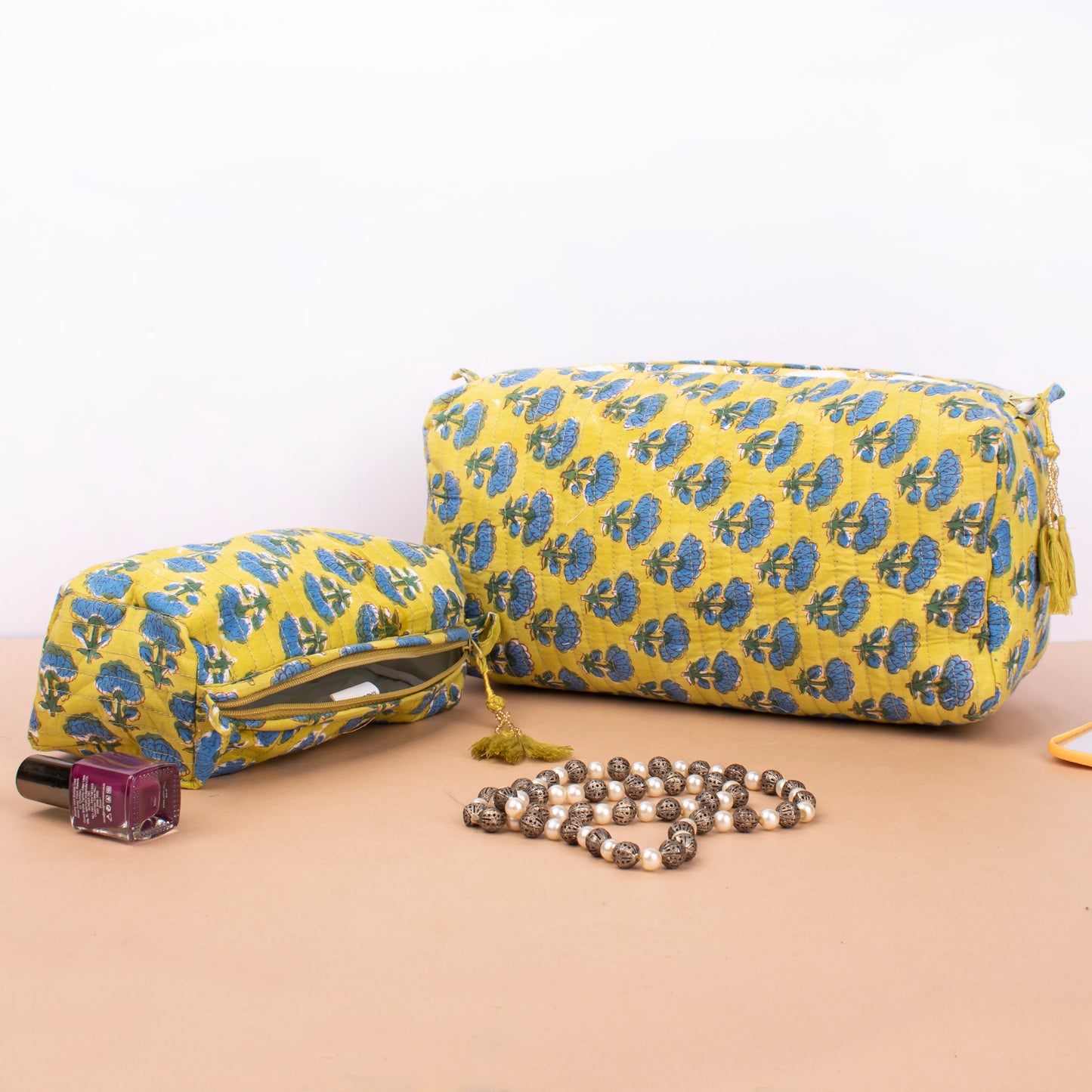 Quilted Cotton Large Makeup Bag, Boho Style Toiletry Pouch Set, Bridesmaid Gift Organizer, Handmade Travel Case For Bride