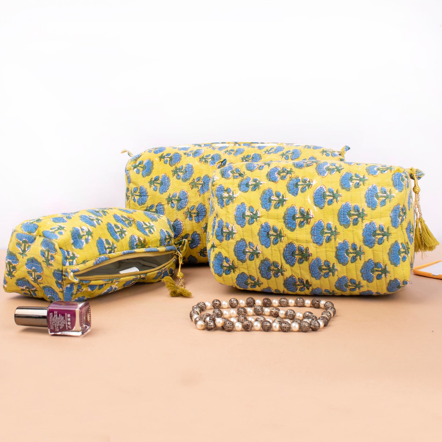 Quilted Cotton Large Makeup Bag, Boho Style Toiletry Pouch Set, Bridesmaid Gift Organizer, Handmade Travel Case For Bride