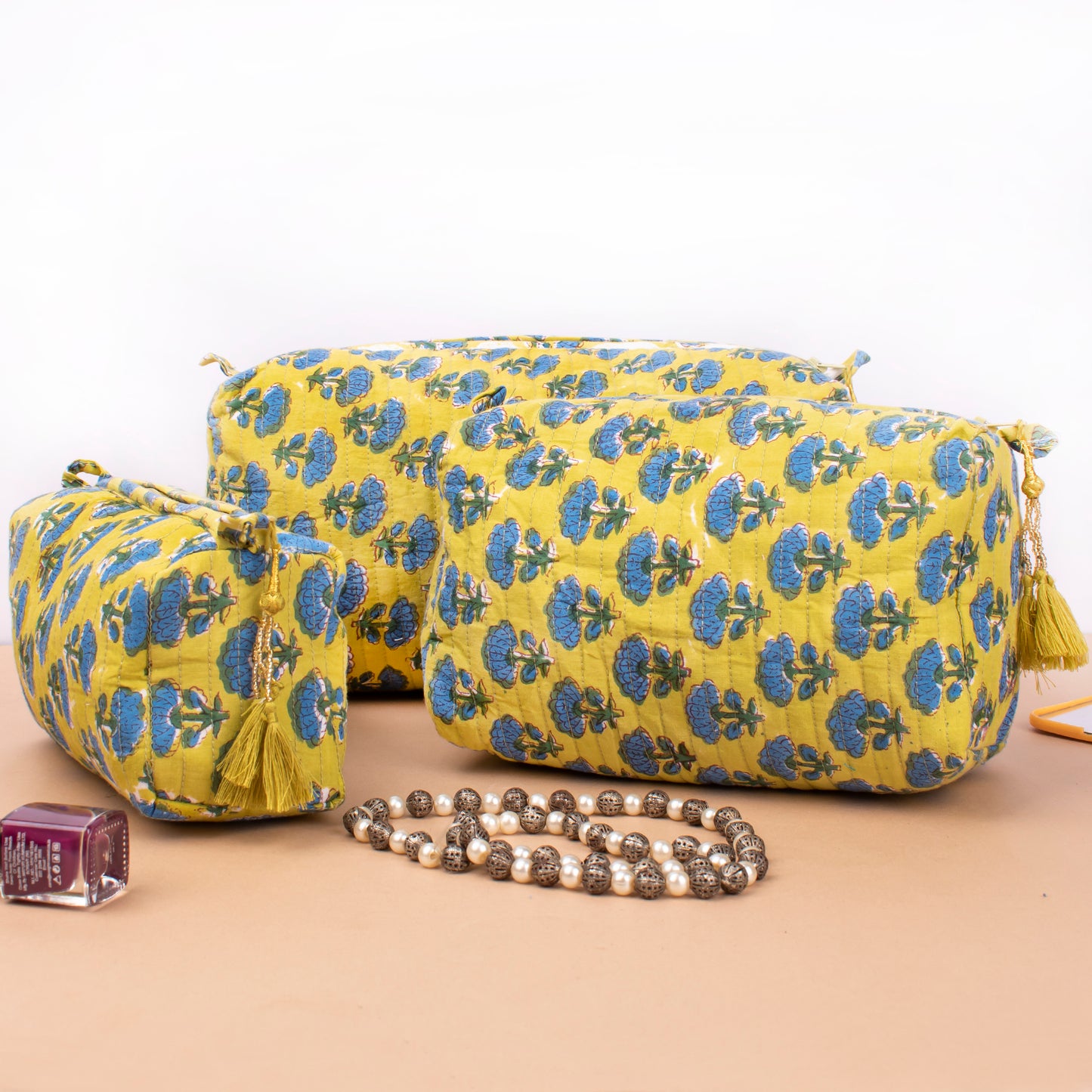 Quilted Cotton Large Makeup Bag, Boho Style Toiletry Pouch Set, Bridesmaid Gift Organizer, Handmade Travel Case For Bride