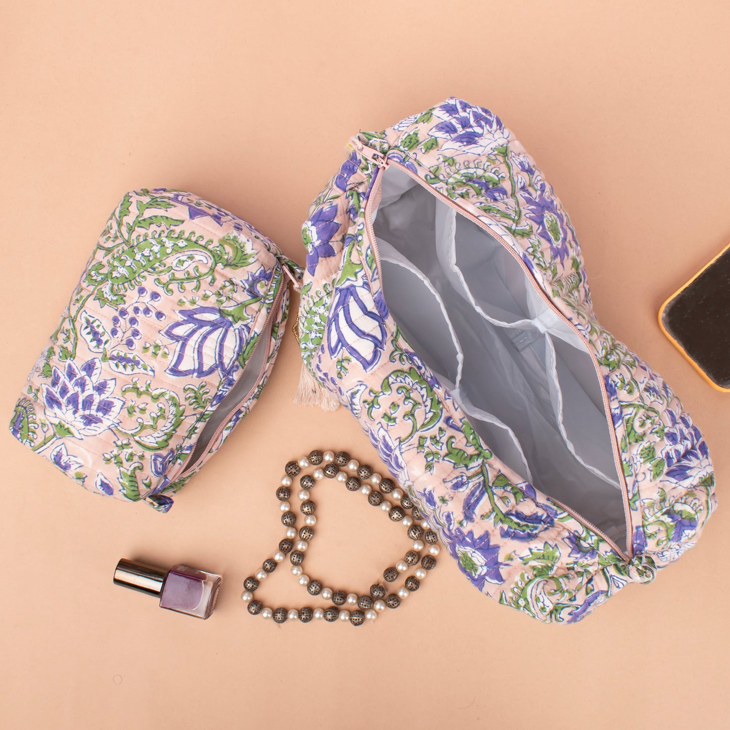 Mini Makeup Organizer Bag, Quilted Cosmetic Travel Case, Block Print Toiletry Pouch For Women, Handmade Makeup Pouch