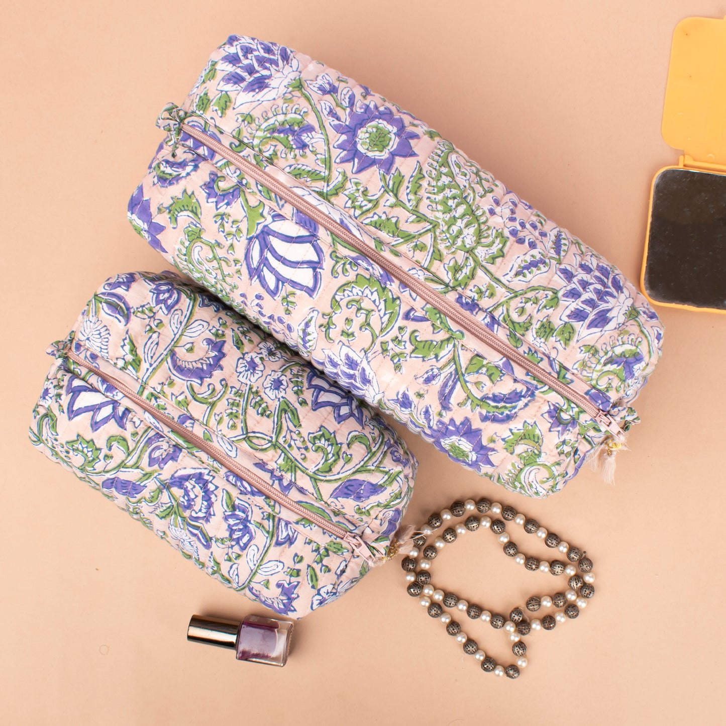 Mini Makeup Organizer Bag, Quilted Cosmetic Travel Case, Block Print Toiletry Pouch For Women, Handmade Makeup Pouch