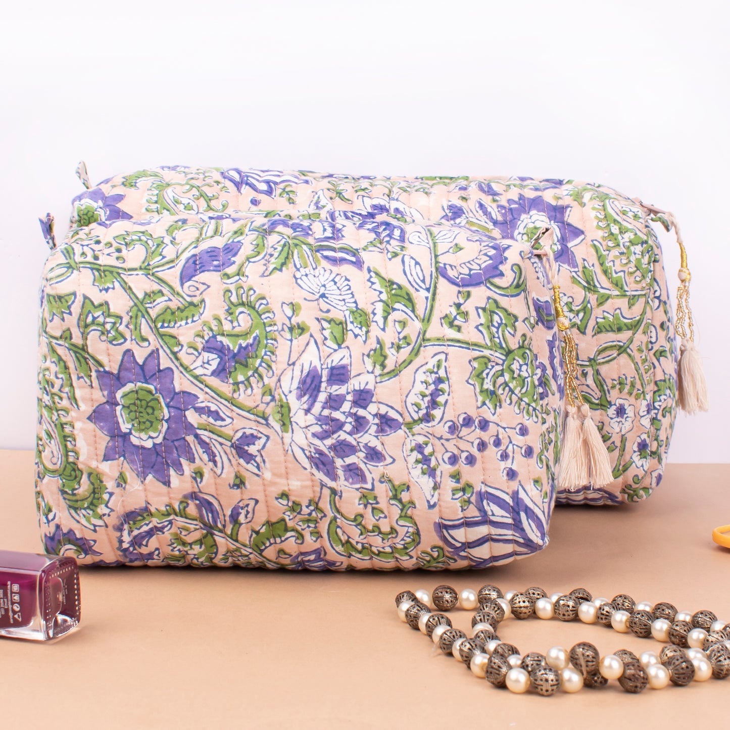 Mini Makeup Organizer Bag, Quilted Cosmetic Travel Case, Block Print Toiletry Pouch For Women, Handmade Makeup Pouch