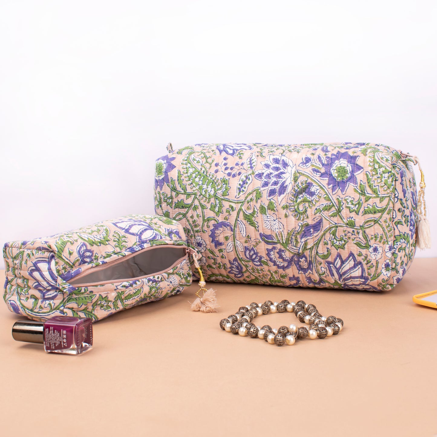 Mini Makeup Organizer Bag, Quilted Cosmetic Travel Case, Block Print Toiletry Pouch For Women, Handmade Makeup Pouch
