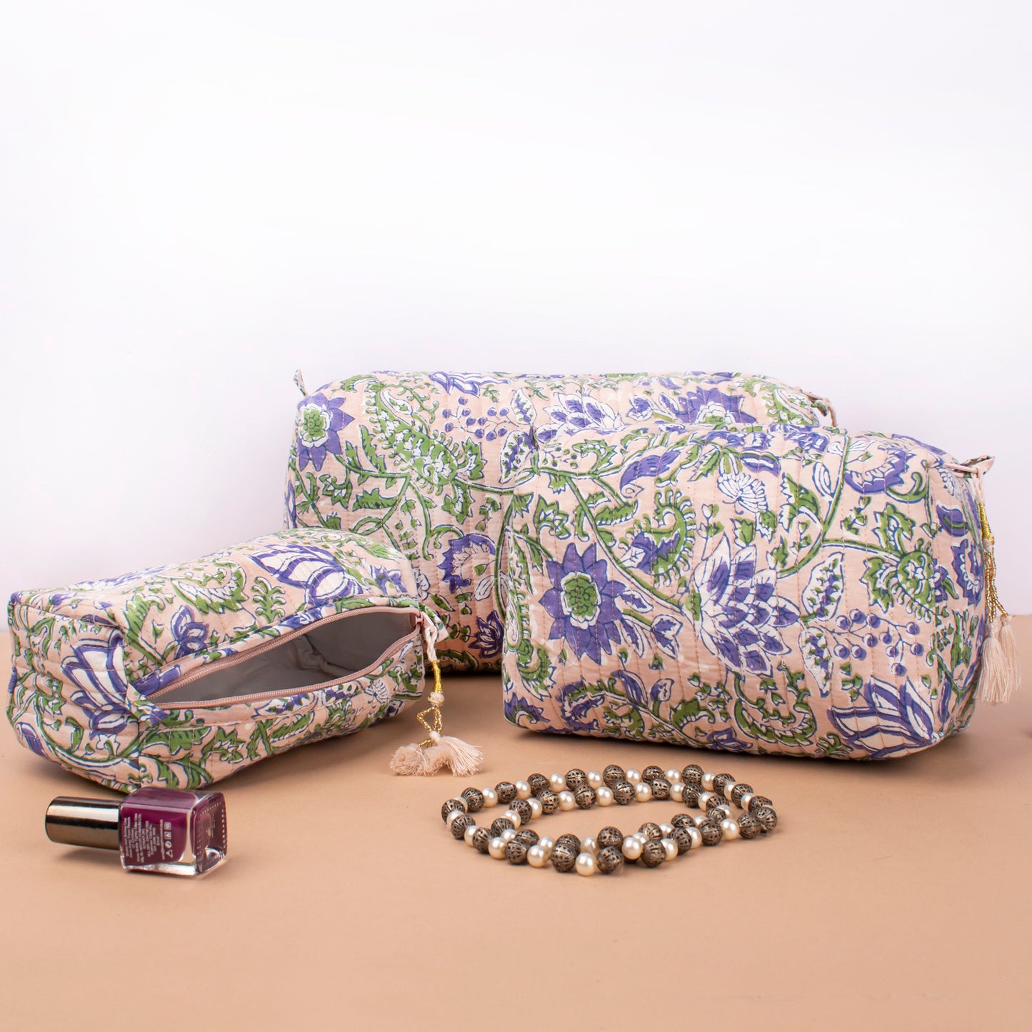 Mini Makeup Organizer Bag, Quilted Cosmetic Travel Case, Block Print Toiletry Pouch For Women, Handmade Makeup Pouch